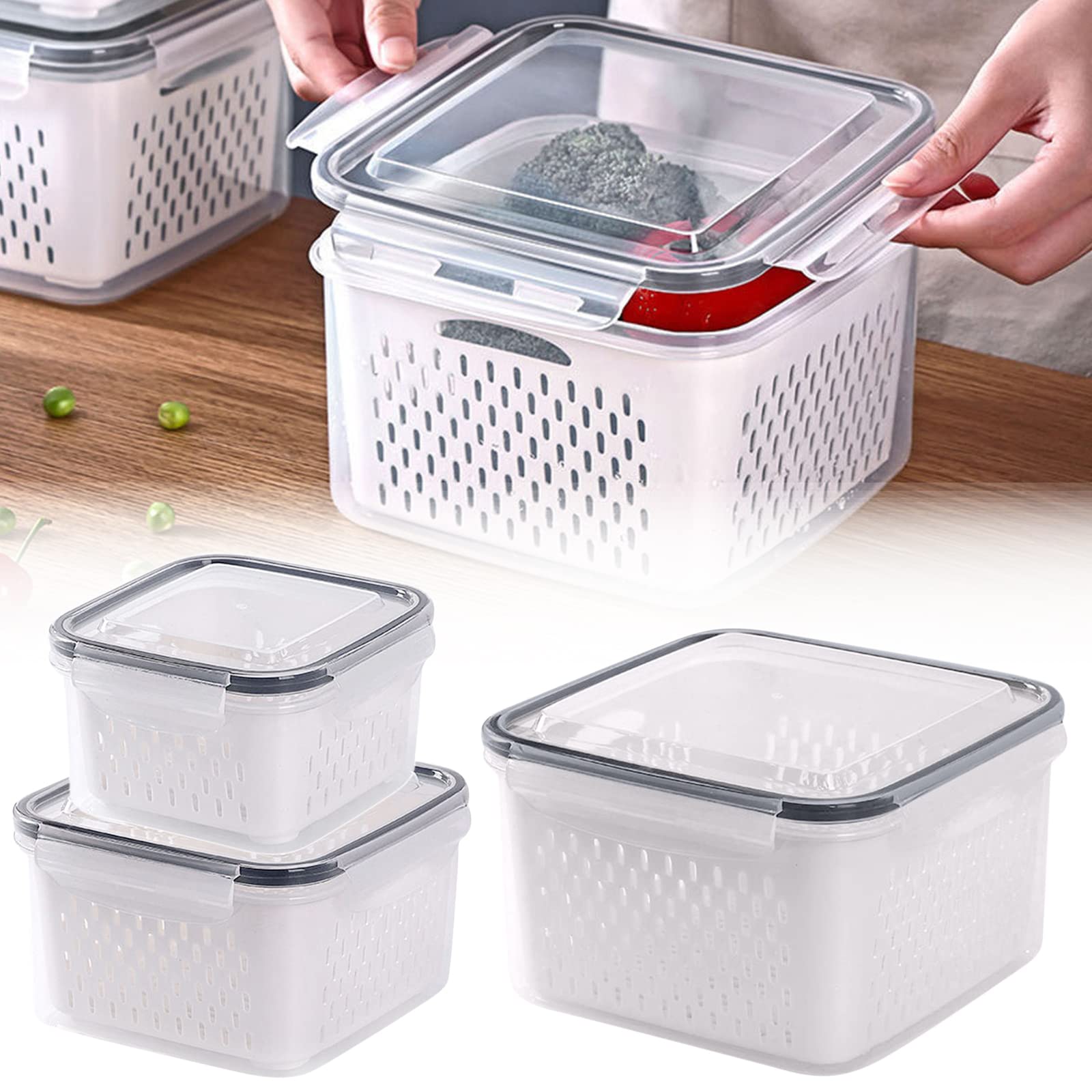 BPA-Free 3-in-1 Square Fruit and Vegetable Storage Containers for Refrigerator - 750ml, 1600ml & 2850ml Fresh Produce Saver with Drain Colander & Lid - Perfect for Salad Prep, Meat Storage and Kitchen Organization
