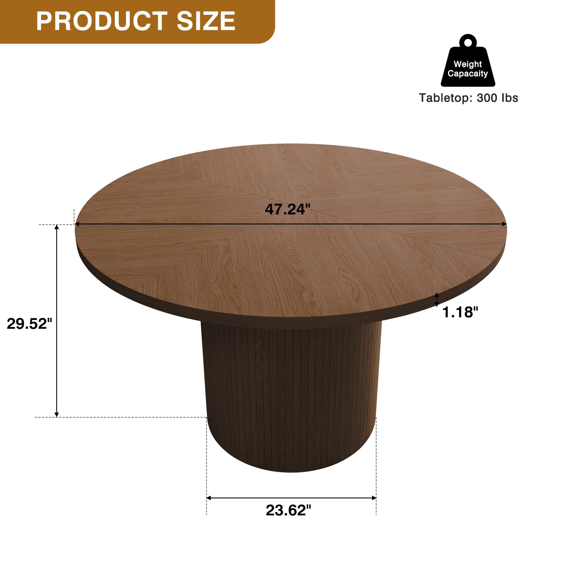 47 Inch Round Dining Table - Farmhouse Fluted Wooden Kitchen Table | Modern Small Circle Dining Table for Kitchen & Living Room in Walnut Finish | Perfect for Family Dinners & Entertaining Guests