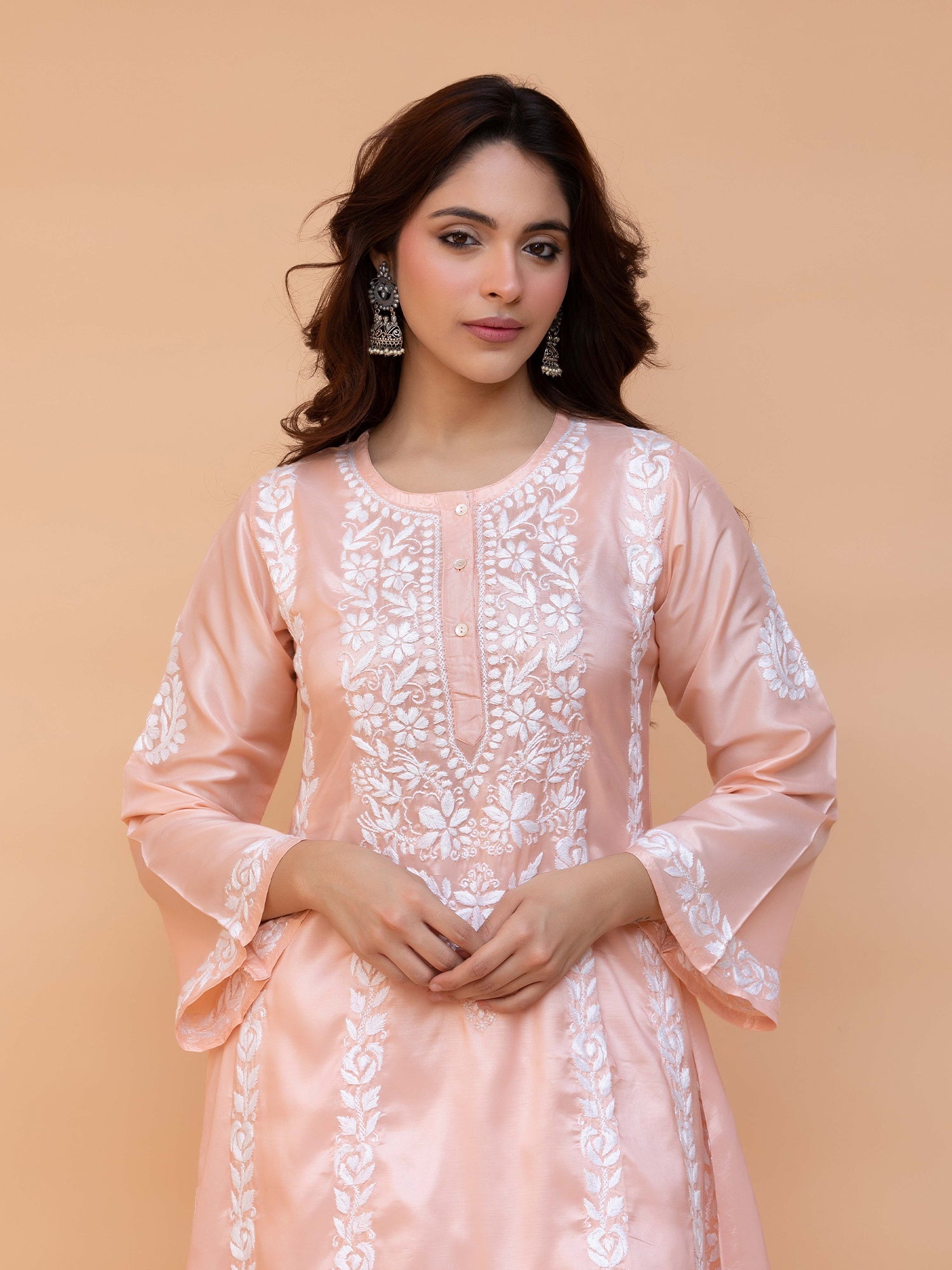 Elegant Saba Chikankari Kurta Set in Premium Habutai Silk - Peach Color | Perfect for Festivals, Weddings & Special Occasions