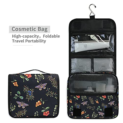 Berry Wildflower Butterfly Tropical Plant Hanging Toiletry Bag - Black Travel Makeup Organizer for Women | Portable Cosmetic Kit with Clear Pockets | Perfect for Camping, Gym & Vacation Trips
