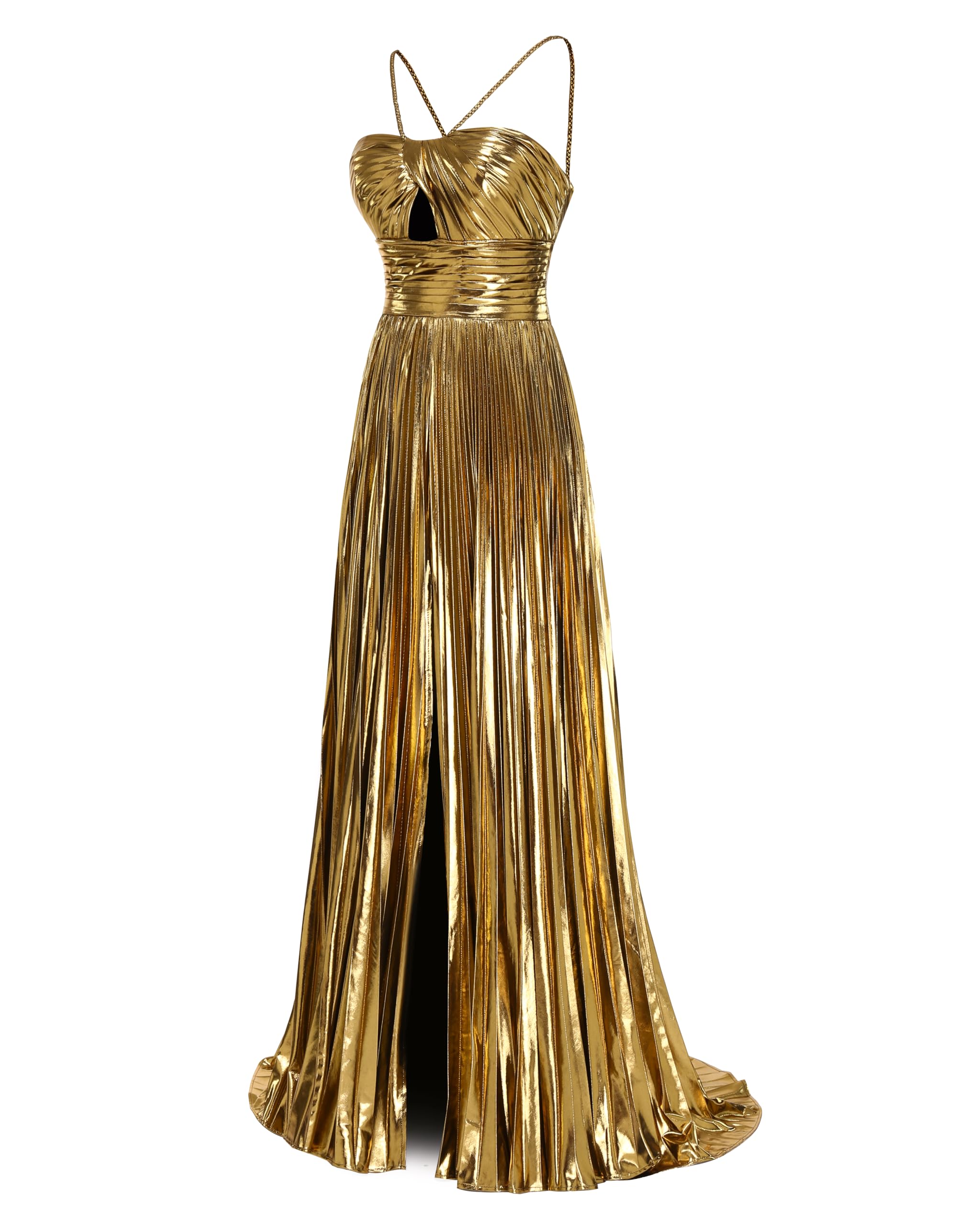Elegant Women's Metallic Sparkly Spaghetti Strap Prom Dress - Formal Pleated Long Evening Gown for Homecoming, Wedding & Special Occasions