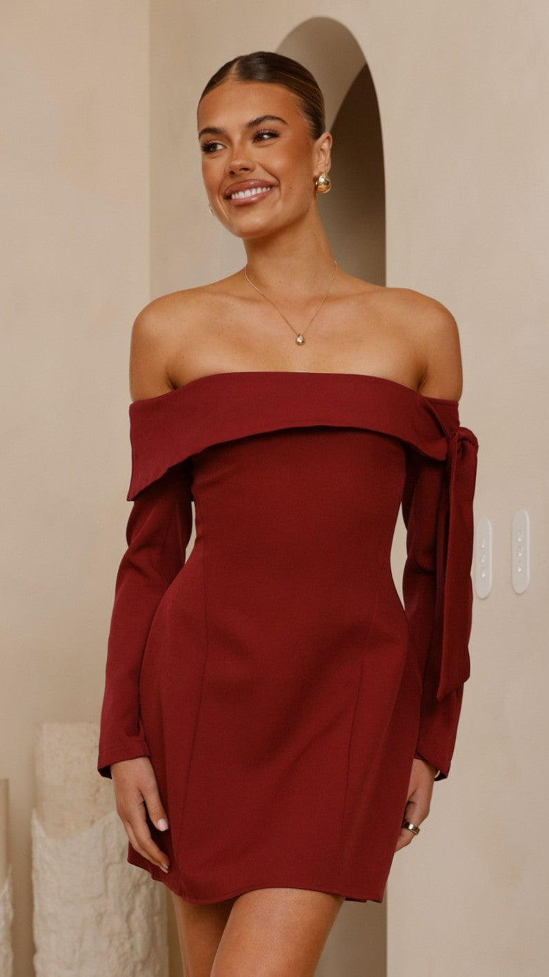 Halen Women's Long Sleeve Mini Dress - Elegant Wine Red Bodycon Party Dress for Night Out, Date Night & Special Occasions