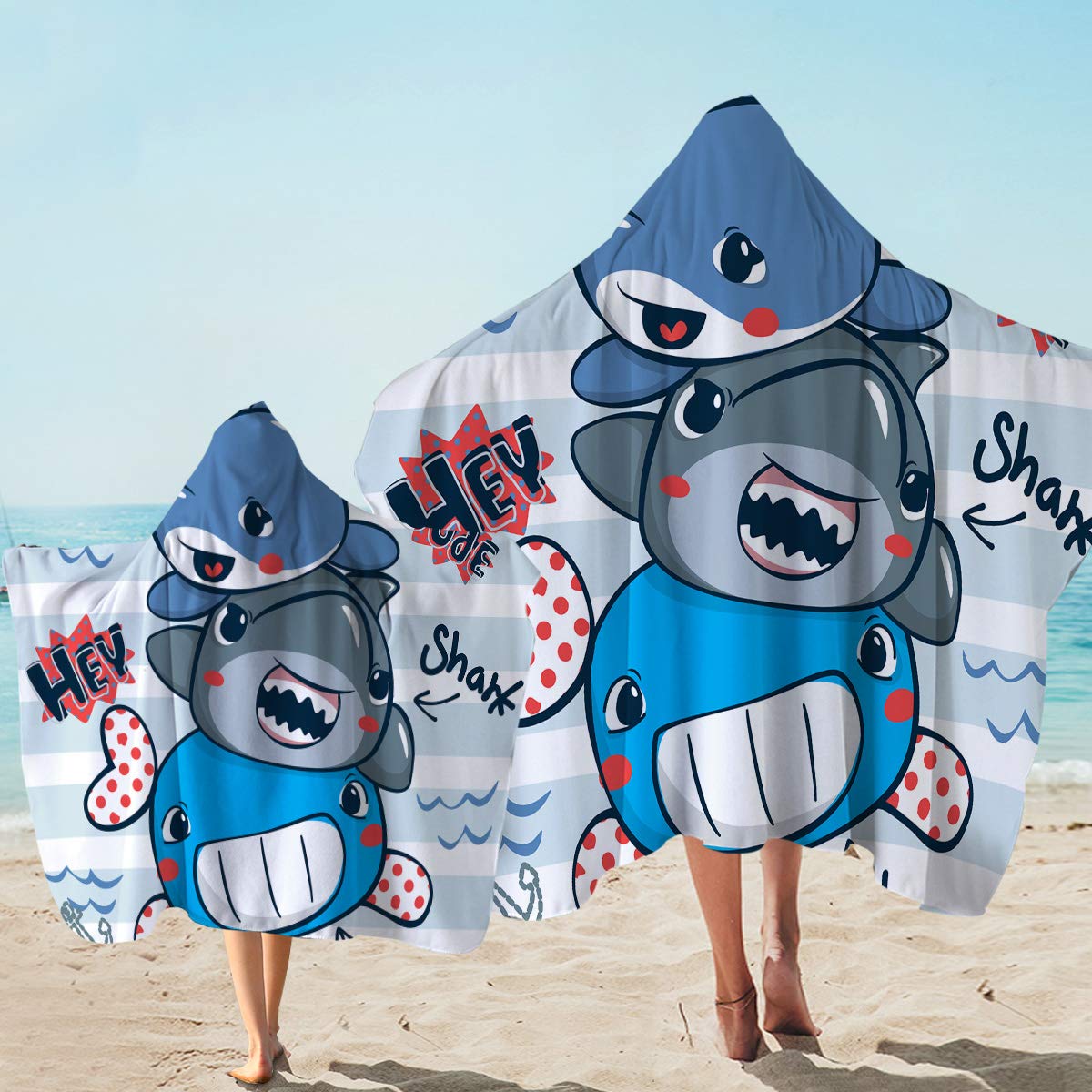 Funny Cartoon Sea Animals Beach Towel Set - Whale Shark & Dolphin Hooded Bath Towel for Kids, Wearable Bathroom Towel (2-Piece Set) - Perfect for Swimming, Beach Trips & Bath Time
