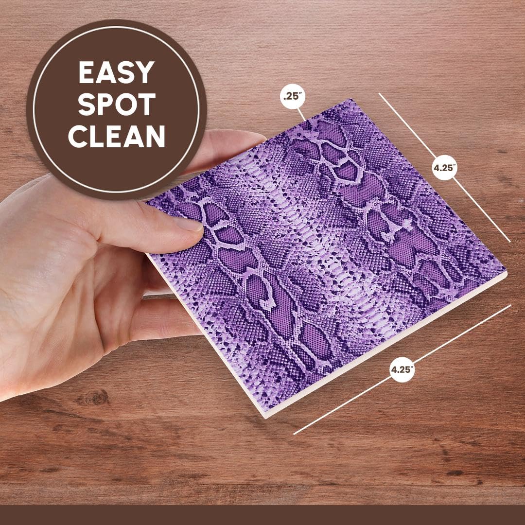 3D Rose Purple Snakeskin Animal Print Ceramic Tile Coasters - Set of 4 for Coffee Table, Bar, and Home Decor - Unique Gift Idea for Housewarming Parties