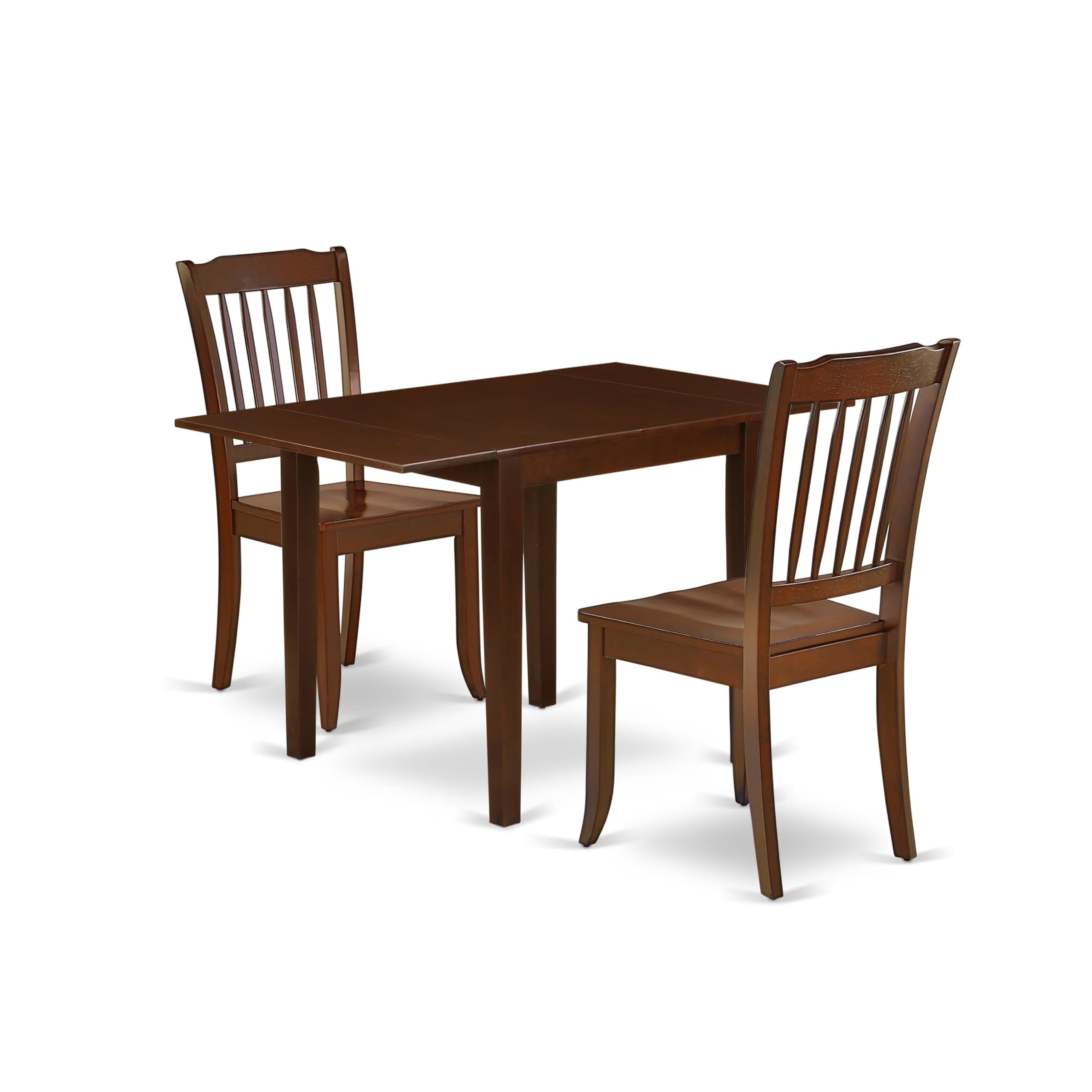 East West Furniture NDDA3-MAH-W 3-Piece Mahogany Kitchen Table Set with Drop Leaf & 2 Chairs, 30x48 Inch Rectangle Dining Table for Small Spaces, Breakfast Nooks & Compact Apartments