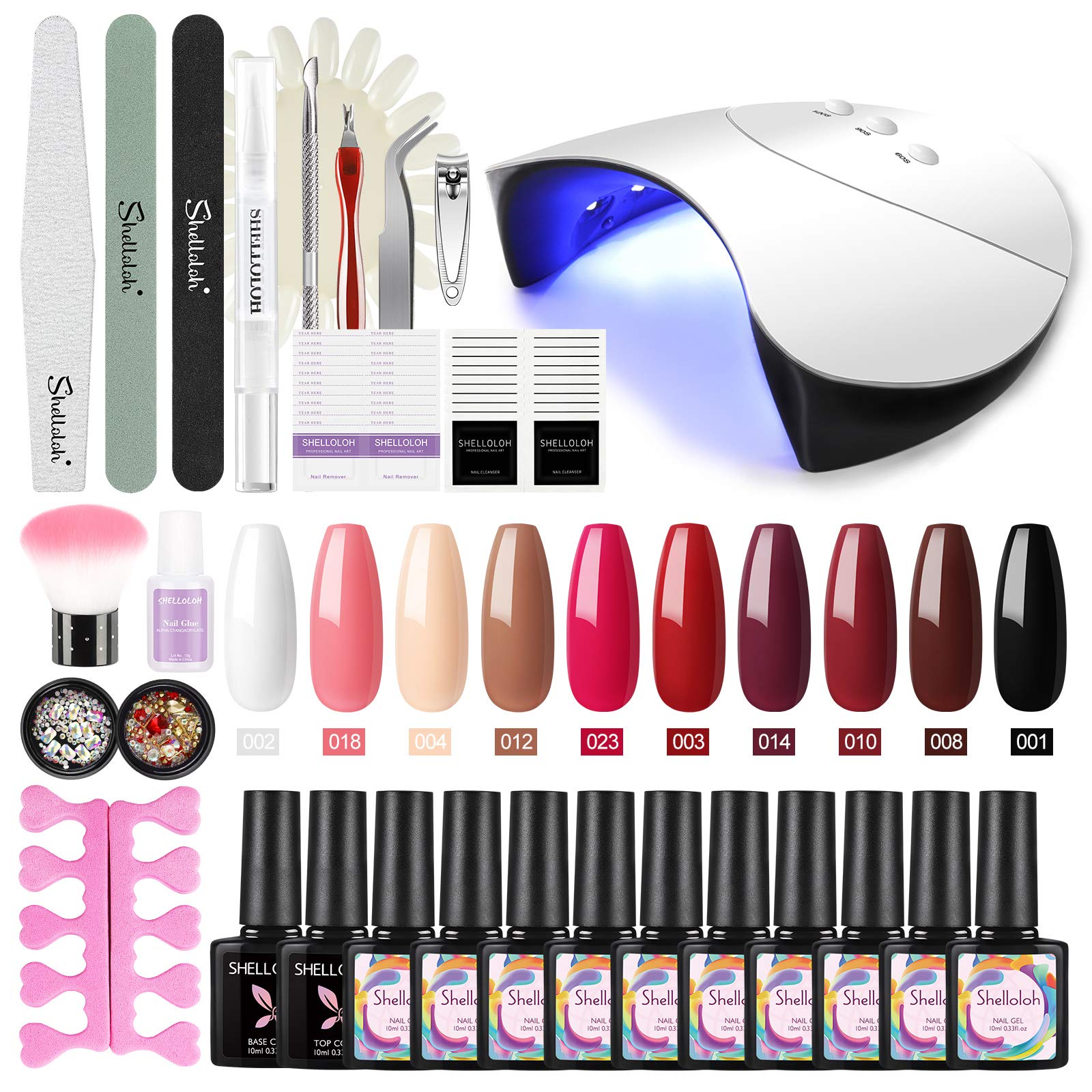 Shelloloh 36W UV Gel Nail Polish Kit - 10 Colors with Top/Base Coat for Salon & Home Manicure