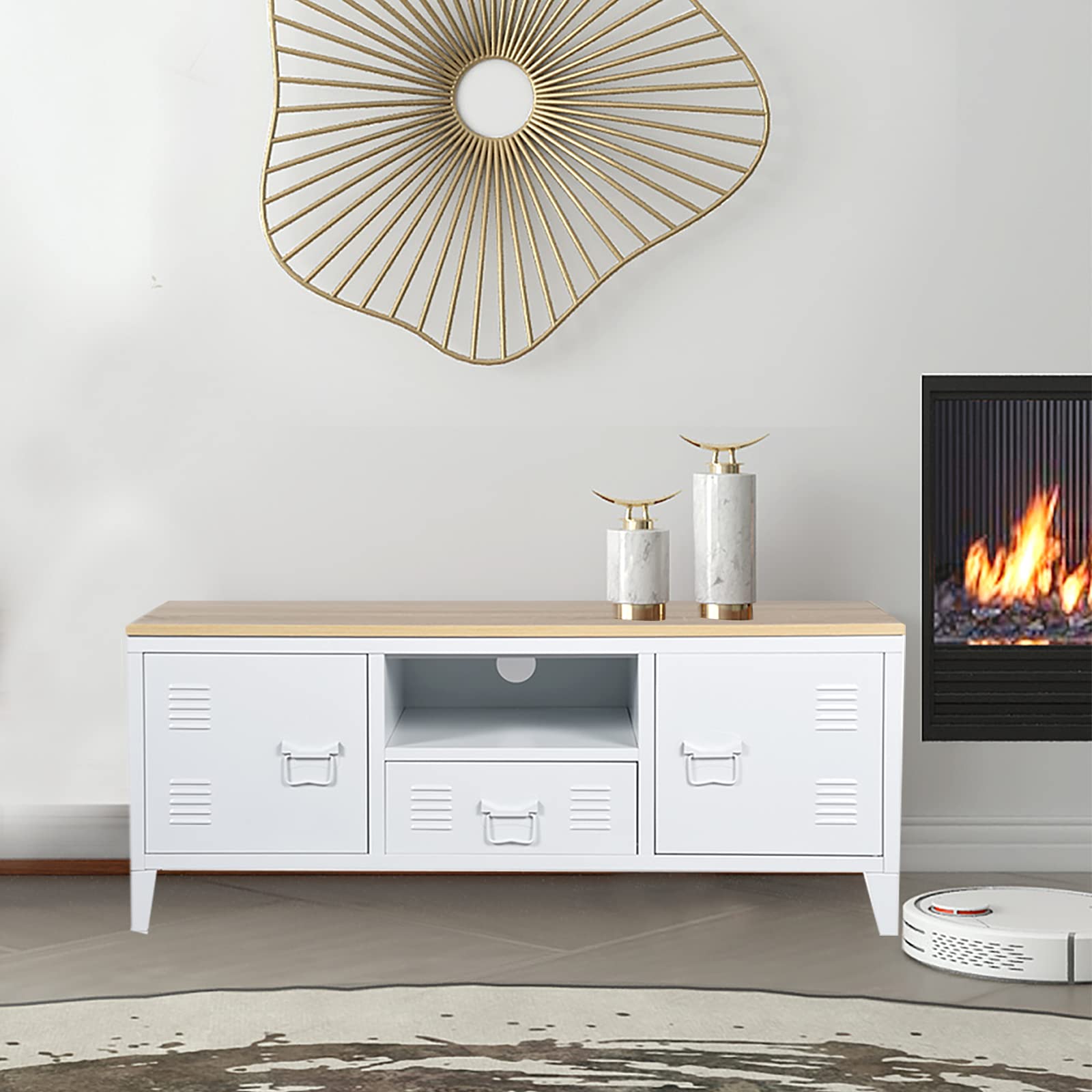 Mid-Century Modern Coffee Table with Hidden Storage - Solid Wood Top & Sturdy Iron Base Sofa Console Table with Metal Cabinets - White 47
