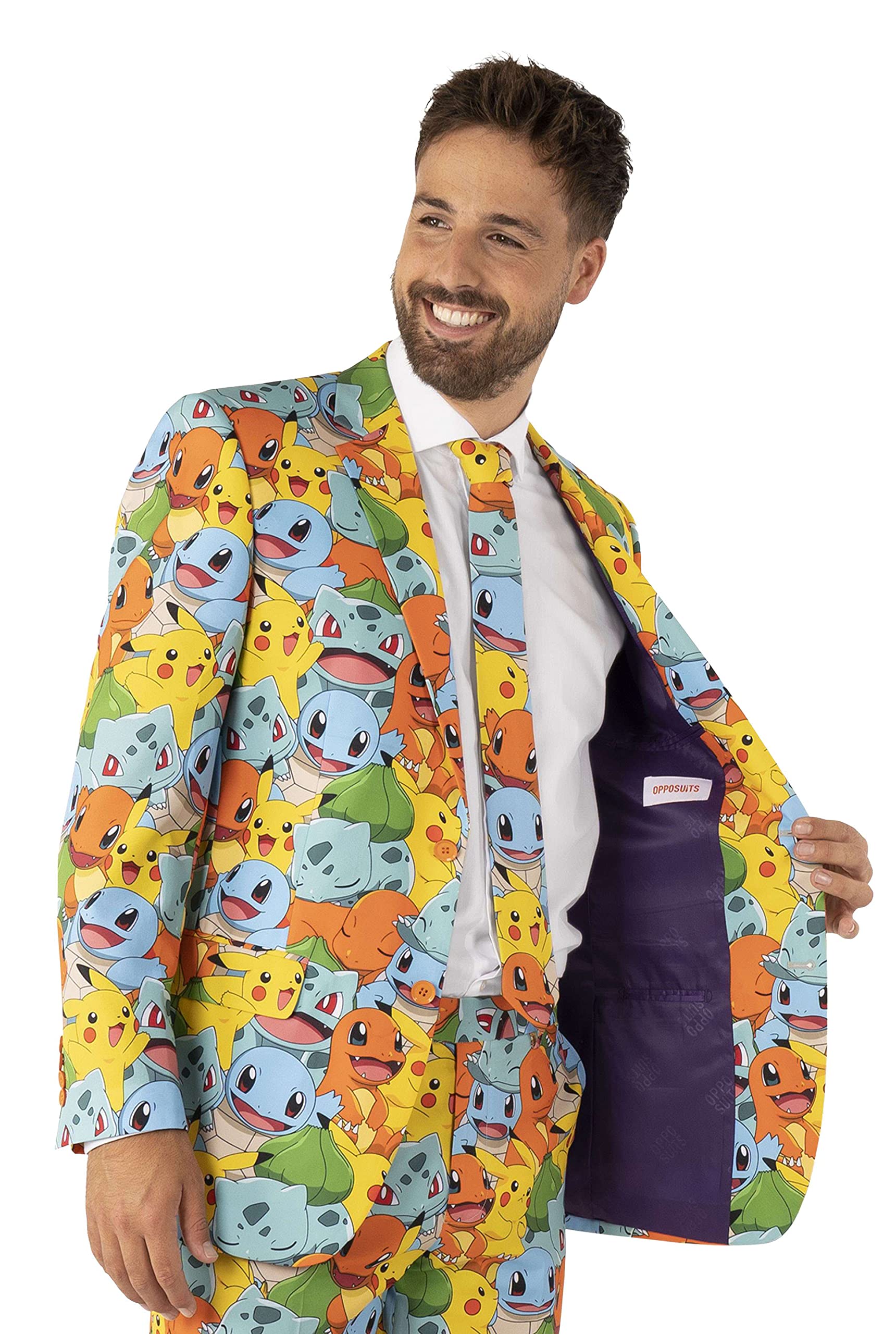**Opposuits Men's Slim Fit Pokémon™ Nintendo Switch Game Costume - Multicolor Blazer, Pants & Tie - Perfect for Cosplay, Halloween & Gaming Events**