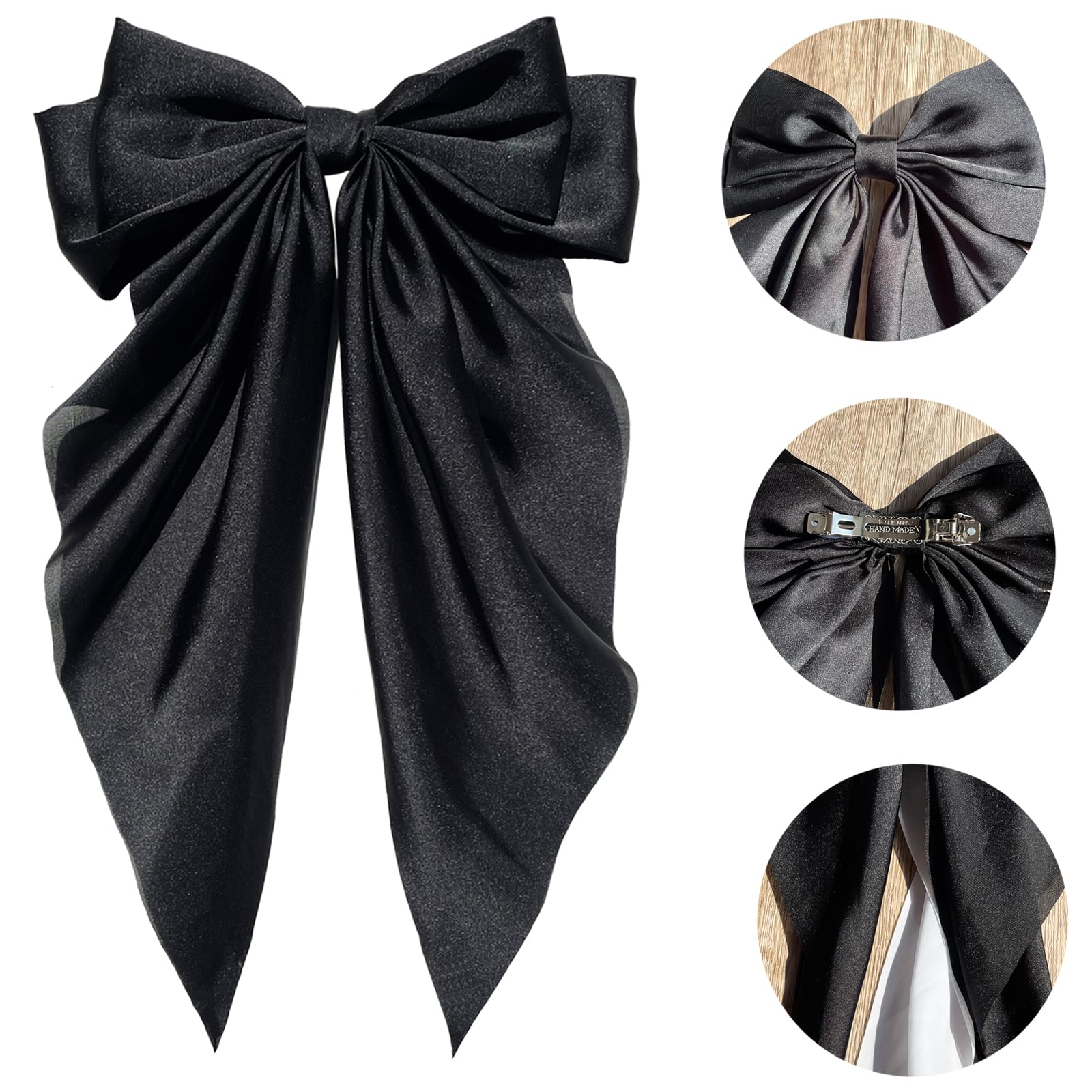 4PCS Silky Satin Hair Bows - Oversized Ponytail Ribbon Clips with Long Tail & Metal Slides - Hair Accessories Gift Set for Women, Girls & Kids (Black, White, Pink, Beige) - Perfect for Parties, Weddings, School & Daily Fashion