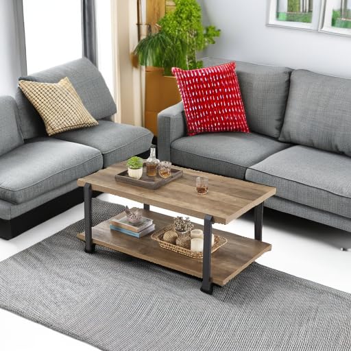Rustic Industrial Coffee Table with Shelf - Solid Wood and Metal Cocktail Table for Living Room, Bedroom, Office - Oak Finish, Farmhouse Style Home Decor