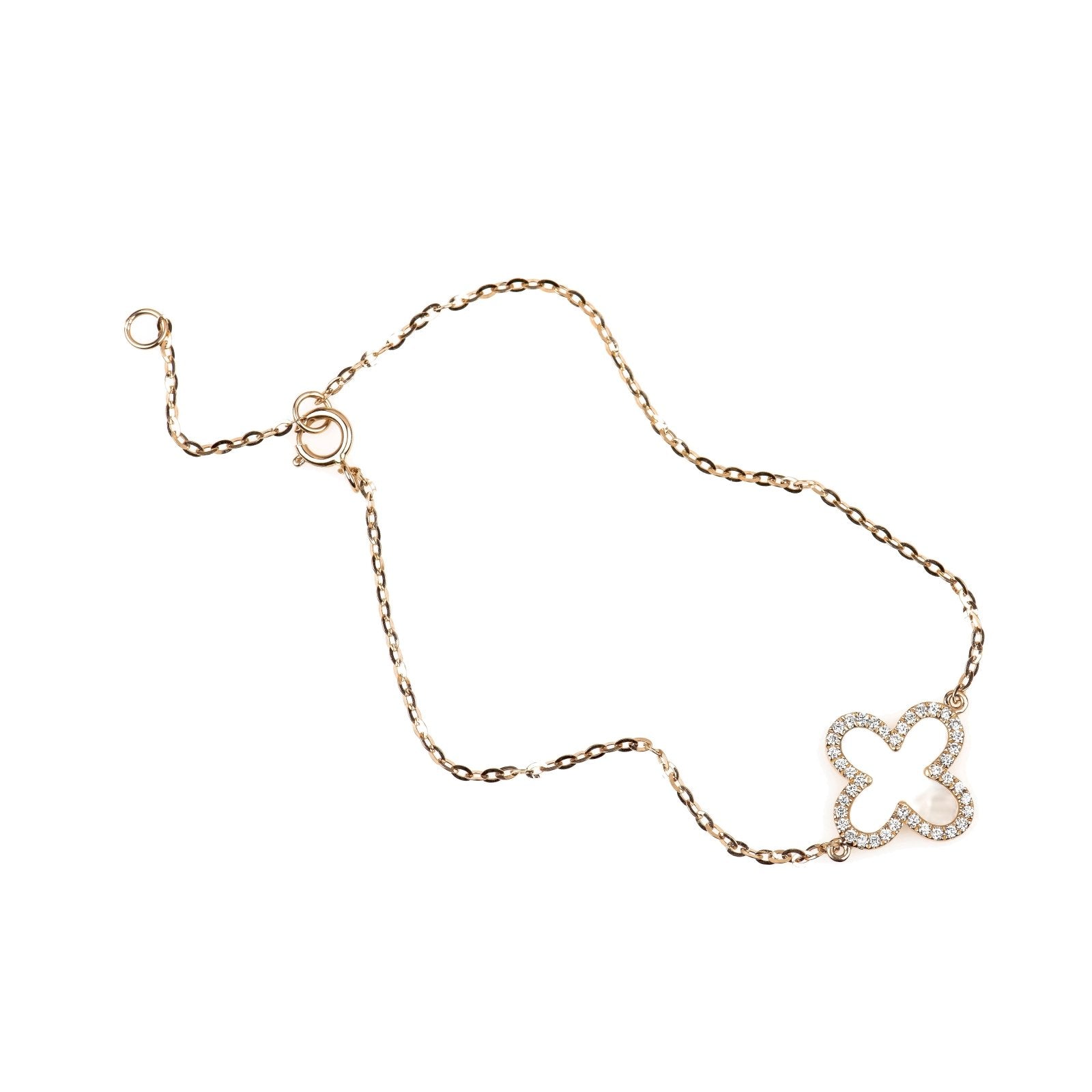 14k Rose Gold Mother of Pearl & Diamond Halo Clover Charm Bracelet - Elegant Jewelry Gift for Women, Perfect for Weddings, Anniversaries & Special Occasions