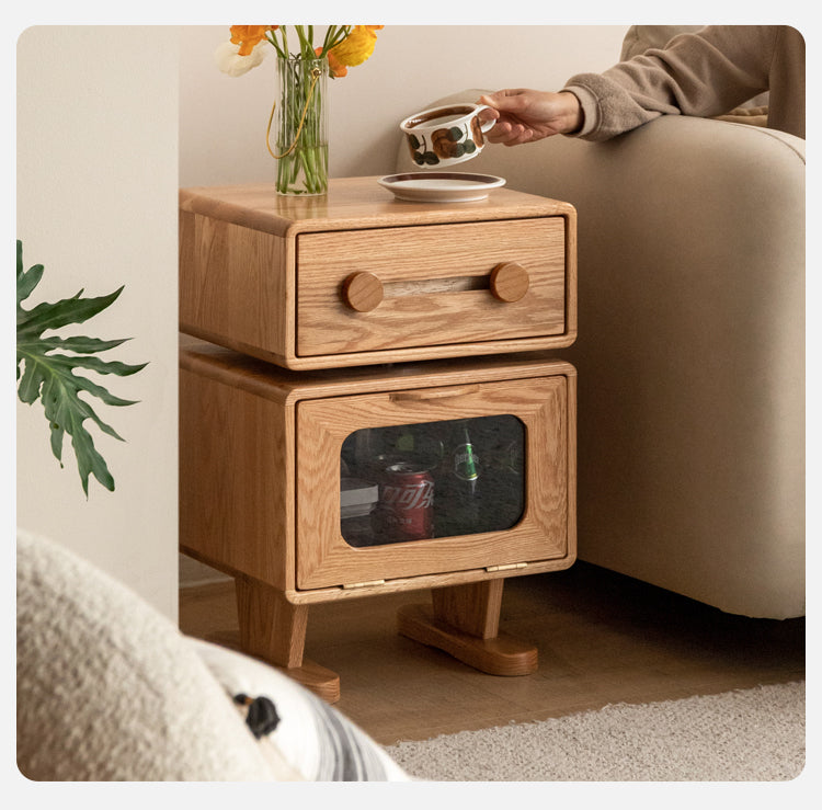 360° Rotating Oak Solid Wood Nightstand - Modern Bedside Table for Bedroom, Living Room & Office