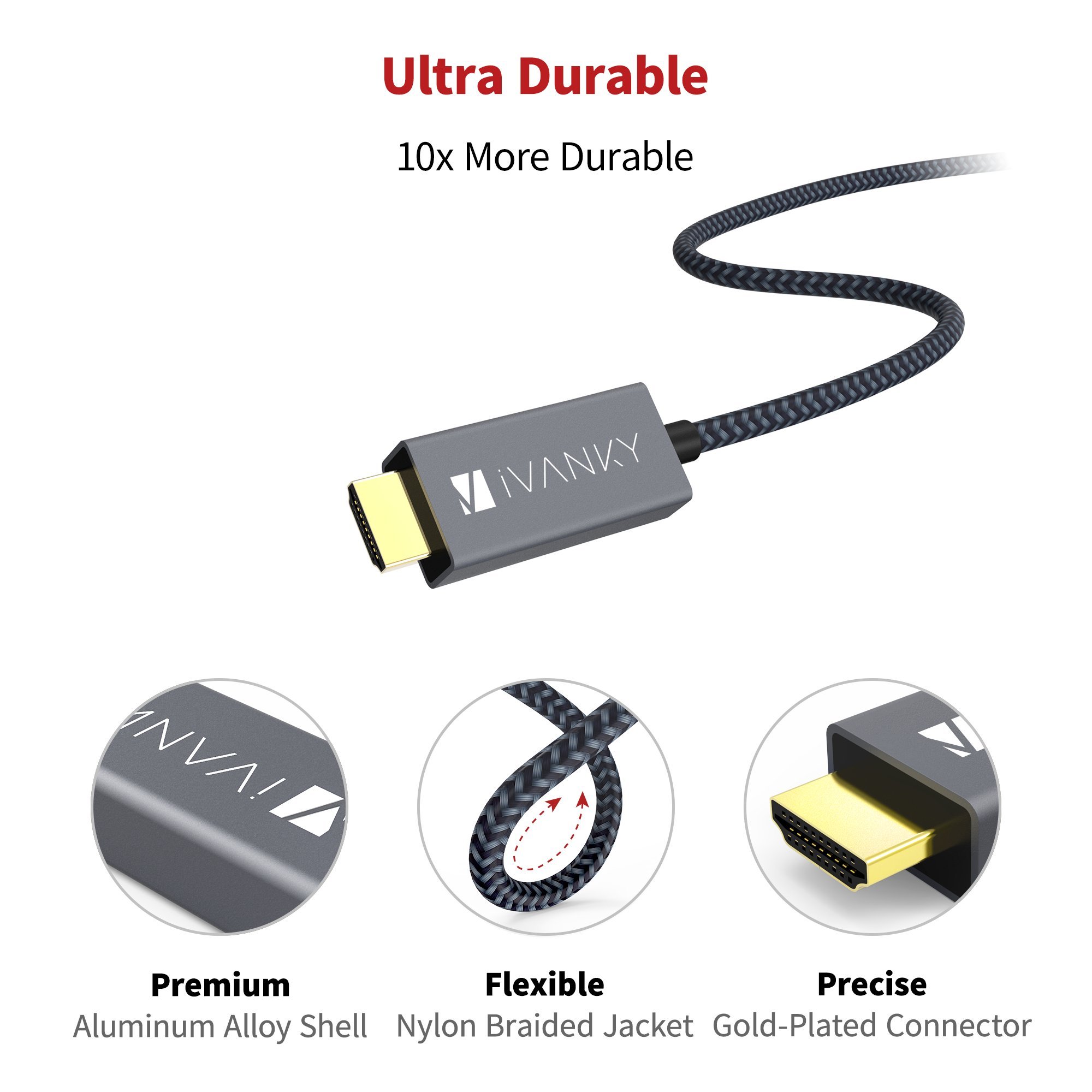 IVANKY Mini DisplayPort to HDMI Cable 10ft - Nylon Braided & Aluminum Shell - 4K@60Hz Adapter for MacBook Air/Pro, Surface Pro/Dock - Connect to Monitor, TV, Projector (Space Grey) - Ideal for Home Office, Gaming & Presentations