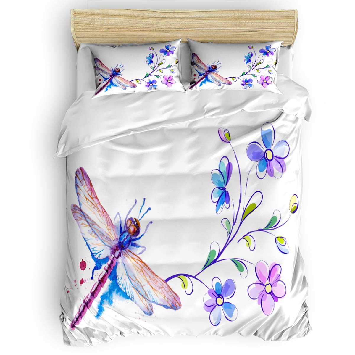 3-Piece Watercolor Spring Dragonfly Flower Comforter Set - King Size Duvet Cover, Bed Sheets & Pillowcases for Kids, Teens & Adults | Soft & Breathable Bedding for Spring & Summer Nights