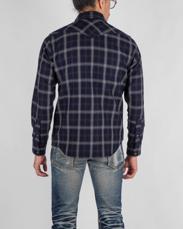 Iron Heart IHSH 411 9oz Selvedge Indigo Check Flannel Western Shirt for Men - Black Plaid Workwear Shirt for Casual & Outdoor Wear