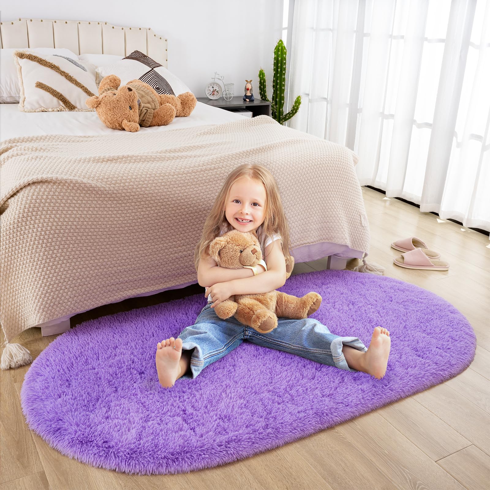 Soft Shaggy Fluffy Rug 2.6'x5.3' Oval Plush Carpet for Kids Bedroom, Nursery, Living Room - Non-Slip Fuzzy Comfy Floor Mat for Baby Play Area & Teen Girls Room Decor (Purple) - Perfect for Playtime, Relaxation and Cozy Home Decor