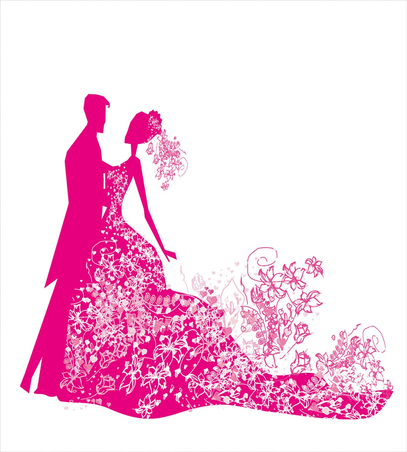 Ambesonne King Size Wedding Duvet Cover Set - 2 Pack Vibrant Magenta & White Floral Design with Dancing Couple Silhouette, Includes 2 Duvet Covers & 4 Pillowcases - Perfect for Wedding Gifts, Anniversary Celebrations & Romantic Bedroom Decor
