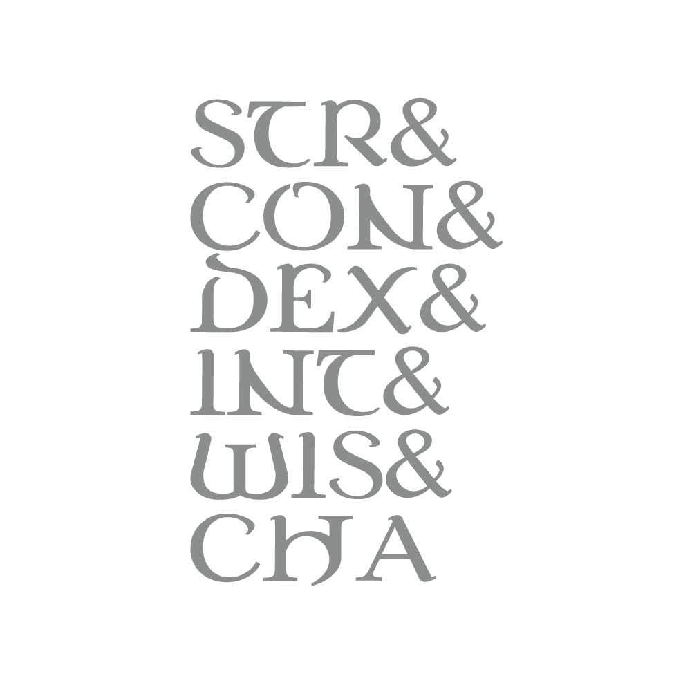 D&D Stats Vinyl Decal - Str, Con, Dex, Int, Wis, Cha - 12 Inch Gray Indoor/Outdoor Sticker for Gaming Room, Laptop, Water Bottle & Tabletop Decor