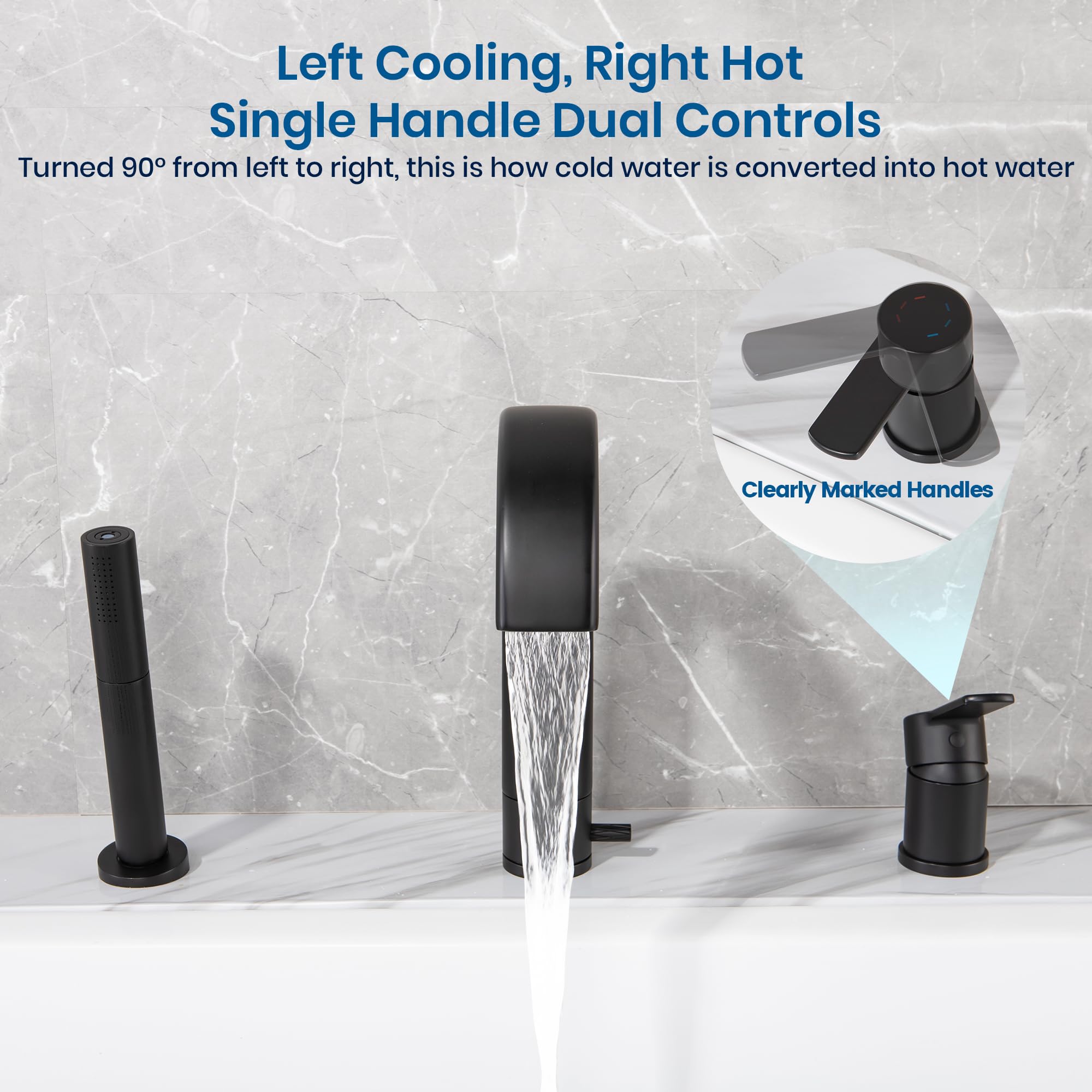 SKOWLL Roman Tub Faucet with Sprayer - Matte Black Deck Mount Bathtub Faucet Set with Handheld Shower & Waterfall Spout - Widespread Bathroom Faucet for Luxury Soaking Tubs (Perfect for Spa-Like Bathroom Upgrades & Relaxing Bubble Baths)