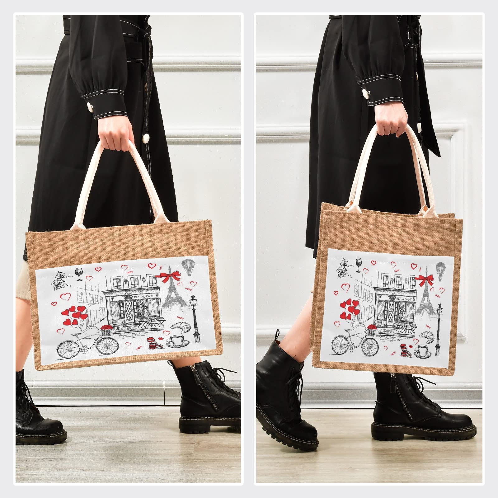 Stylish CaTaKu Paris Eiffel Tower Jute Tote Bag with Zipper & Handles - Reusable Eco-Friendly Grocery Shopping Bag with Front Canvas Pocket - Perfect for Beach, Picnics & Farmers Market (10