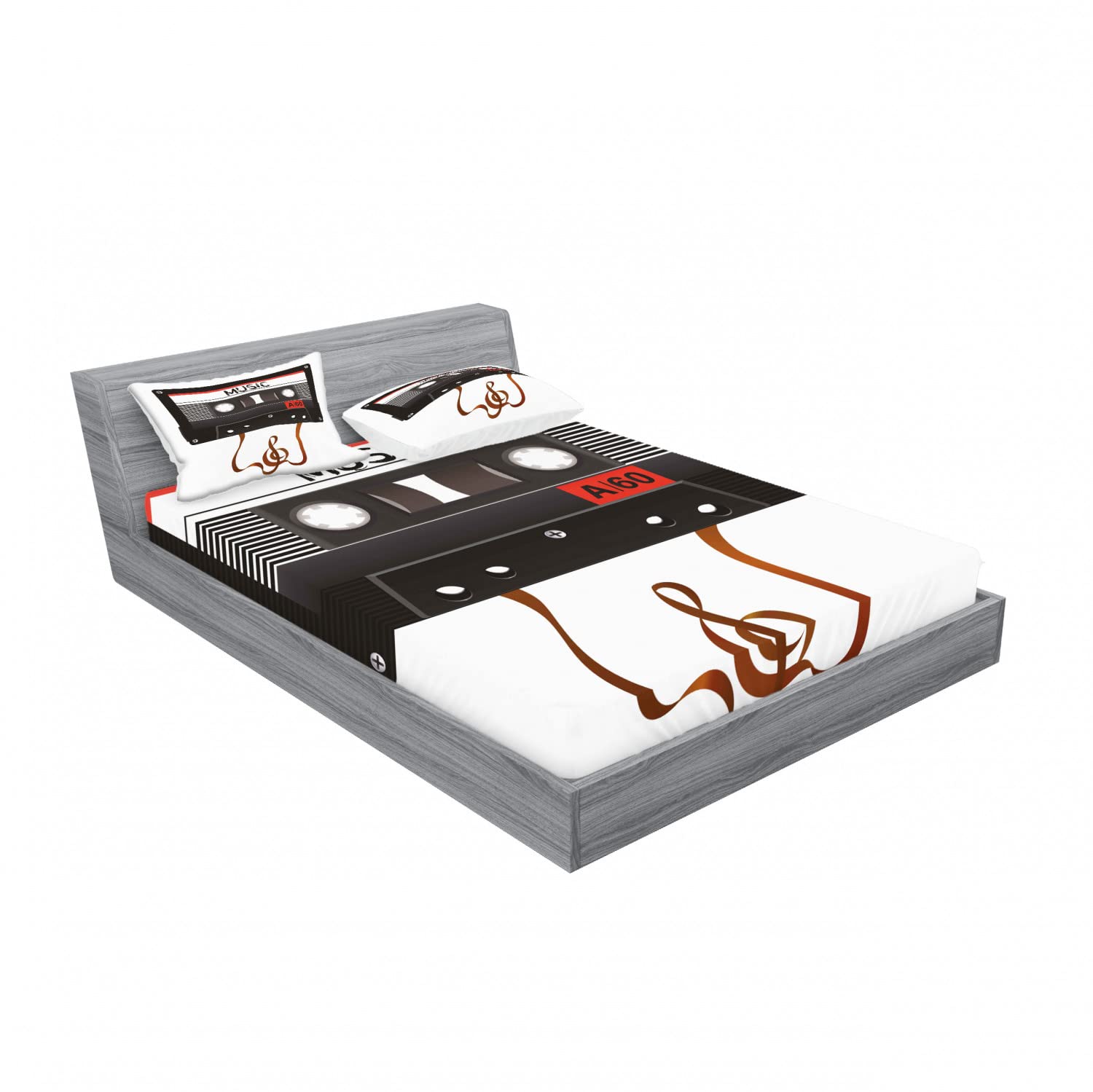 Ambesonne 2-Pack Queen Size Fitted Sheet & Pillow Sham Set - Broken Cassette Music Theme Bedding (4-Piece Set, Orange Caramel White) - Perfect for Music Lovers' Bedroom Decor, Dorm Room Essentials & Gift Ideas