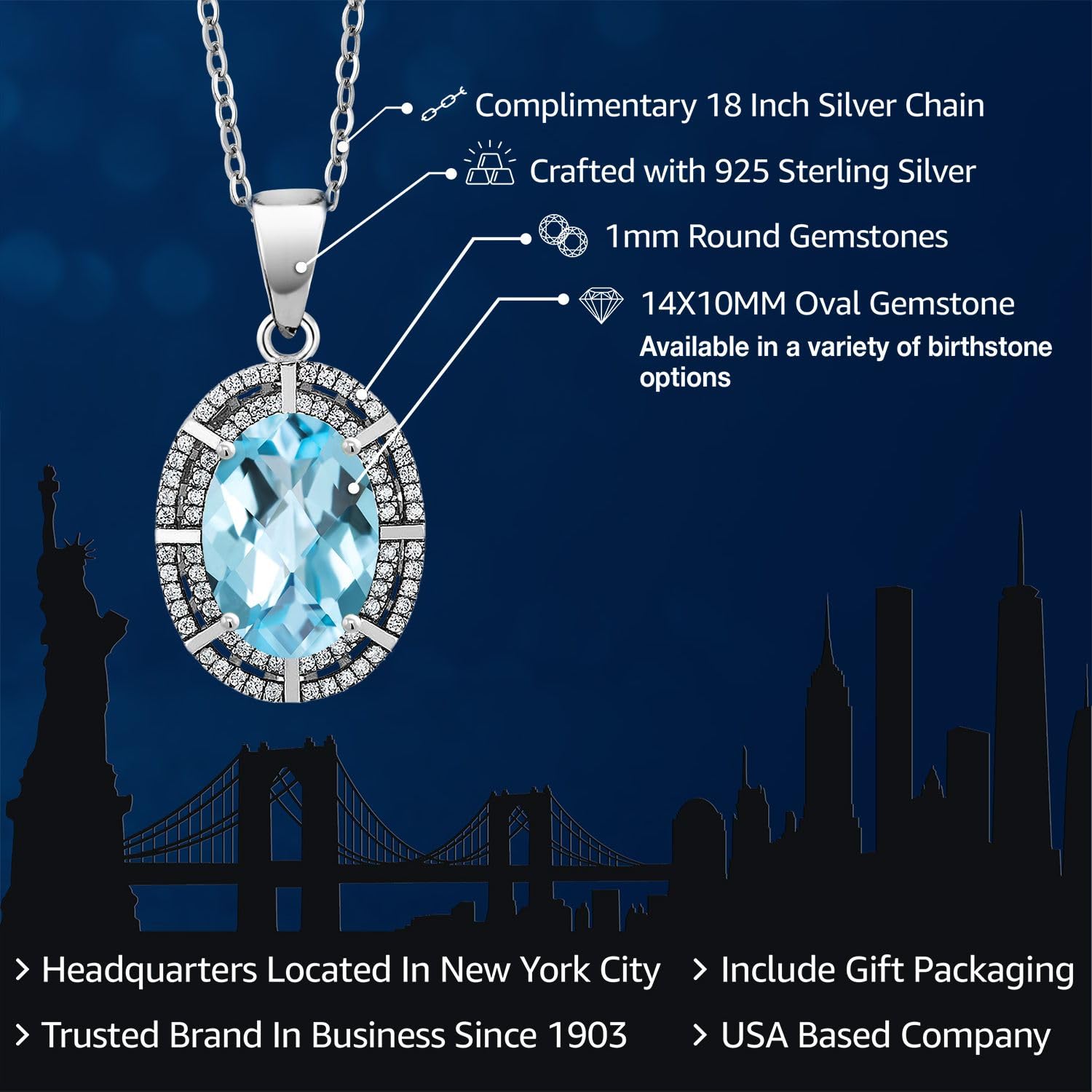Gem Stone King 5-10 Cttw Two Row Halo Necklace with 14X10MM Oval Gemstone Birthstone in 925 Sterling Silver | Double Row Halo Pendant Necklace for Women | 18 Inch Silver Chain | Perfect Gift for Birthday, Anniversary & Valentine's Day