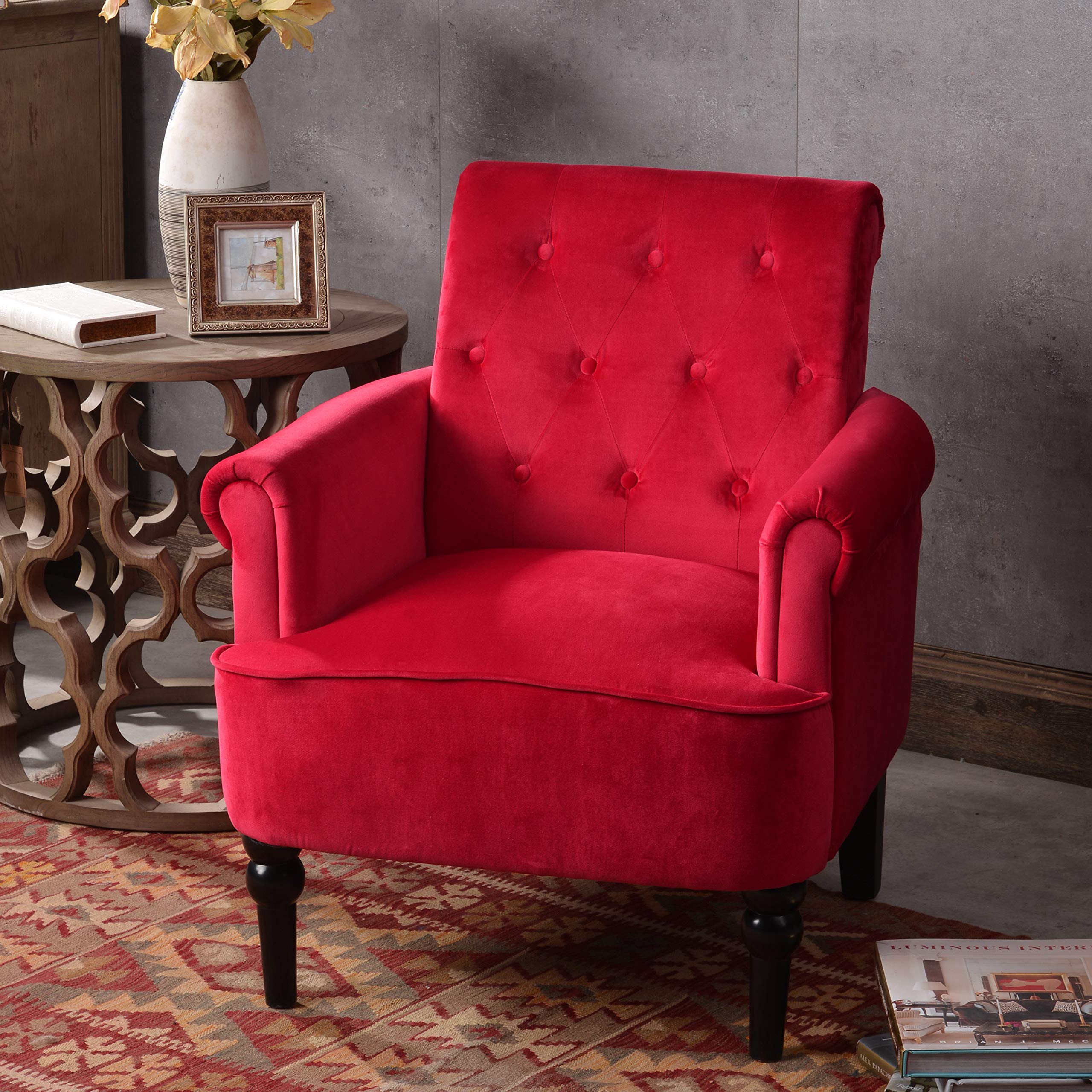 Mid Century Modern Accent Chair with Padded Seat & Button Tufted Design - Velvet Upholstered Armchair for Small Spaces - Perfect for Home Office, Living Room & Bedroom Decor (Deep Burgundy) - Cozy Reading Nook & Conversation Piece