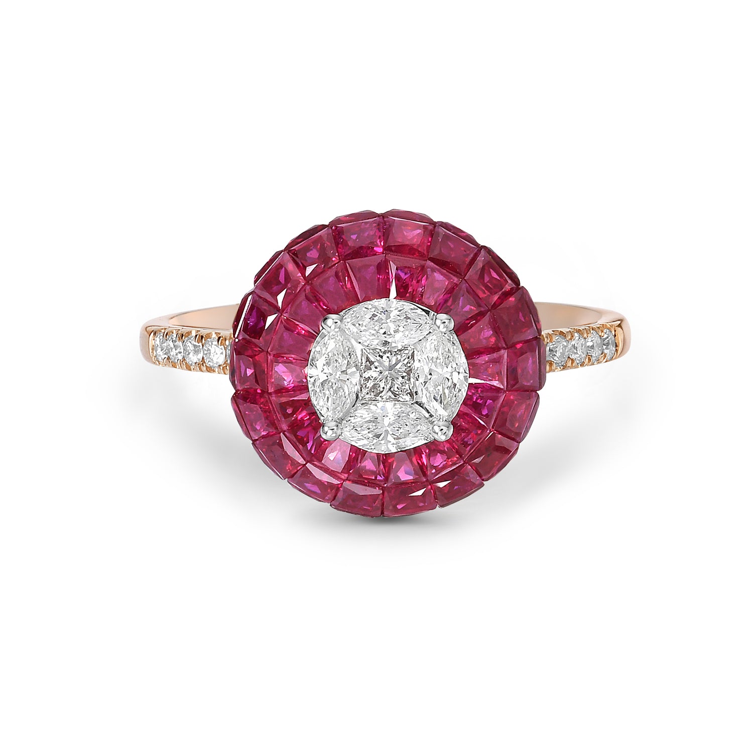 18K Rose Gold Channel Set Ruby & Rose Cut Diamond Halo Engagement Ring for Women - Perfect for Weddings, Anniversaries & Special Occasions