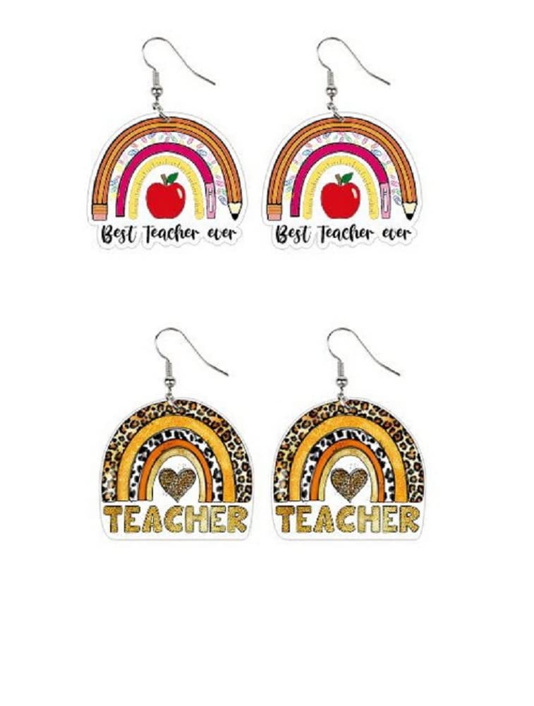 3 Pairs Colorful Leopard Print Teacher Earrings - Pencil & Ruler Shaped Resin Acrylic Dangle Earrings for Women & Girls | Perfect for Teacher Appreciation Gifts, Back to School & Classroom Accessories