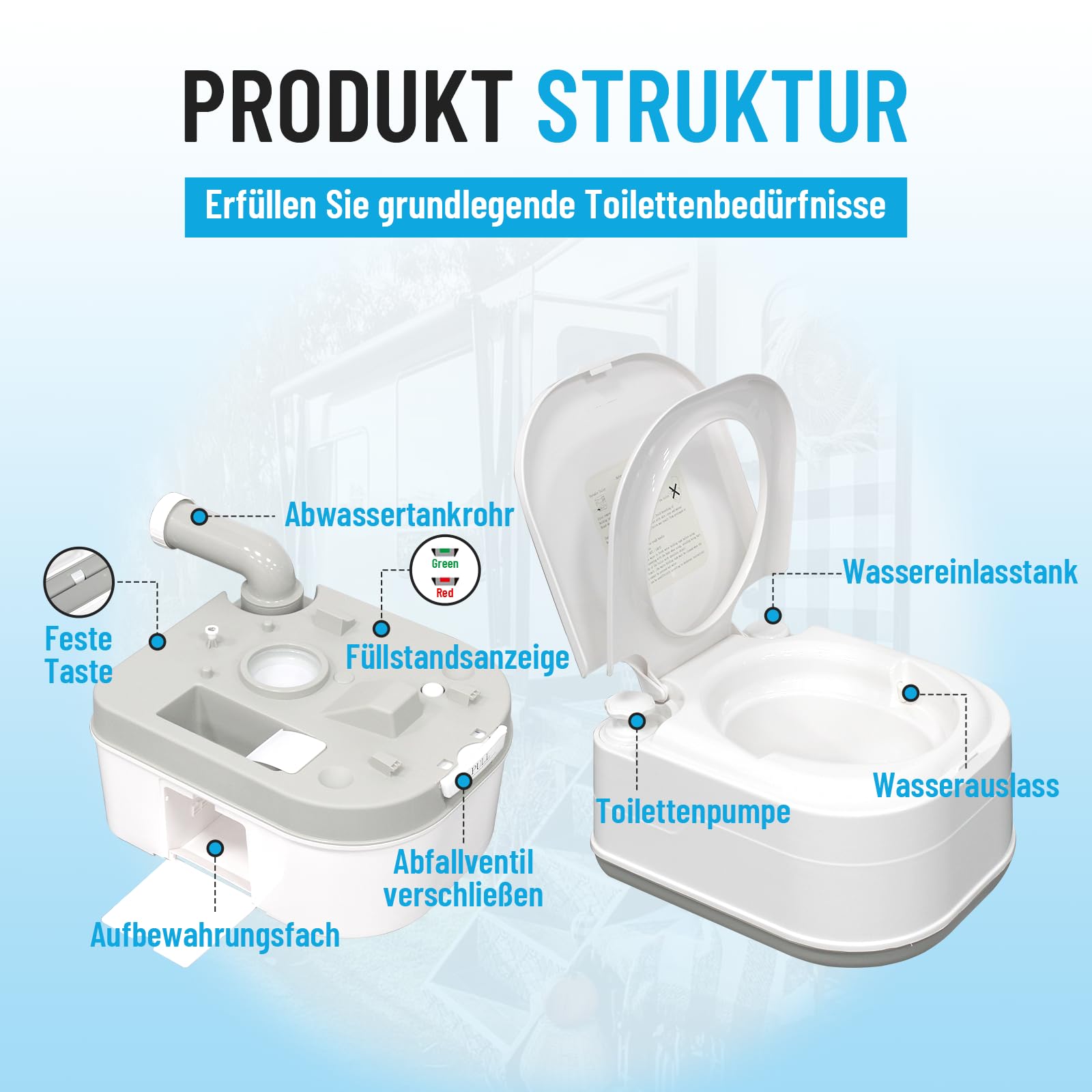 24L Portable Camping Toilet with Chemical Flush - Lightweight & Sturdy Design Supports Up to 150kg - Perfect for RVs, Boats & Outdoor Adventures - Includes Convenient Storage Compartment