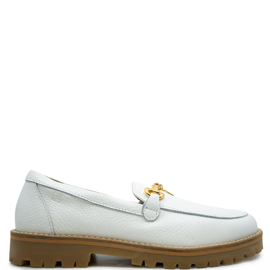 Porte White Pebbled Leather Chunky Loafers for Women - Comfortable Slip-On Shoes for Casual Outfits & Office Wear