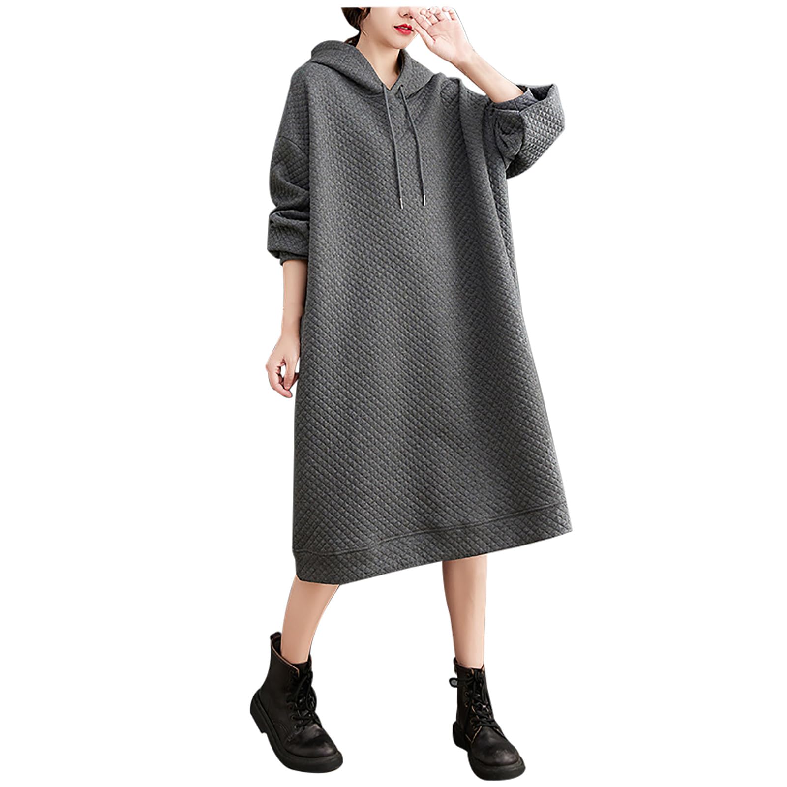 Women's Oversized Hooded Sweatshirt Dress - Loose Fit Waffle Knit Pullover Maxi Dress with Pockets | Casual Streetwear, Loungewear & Winter Layering Outfit