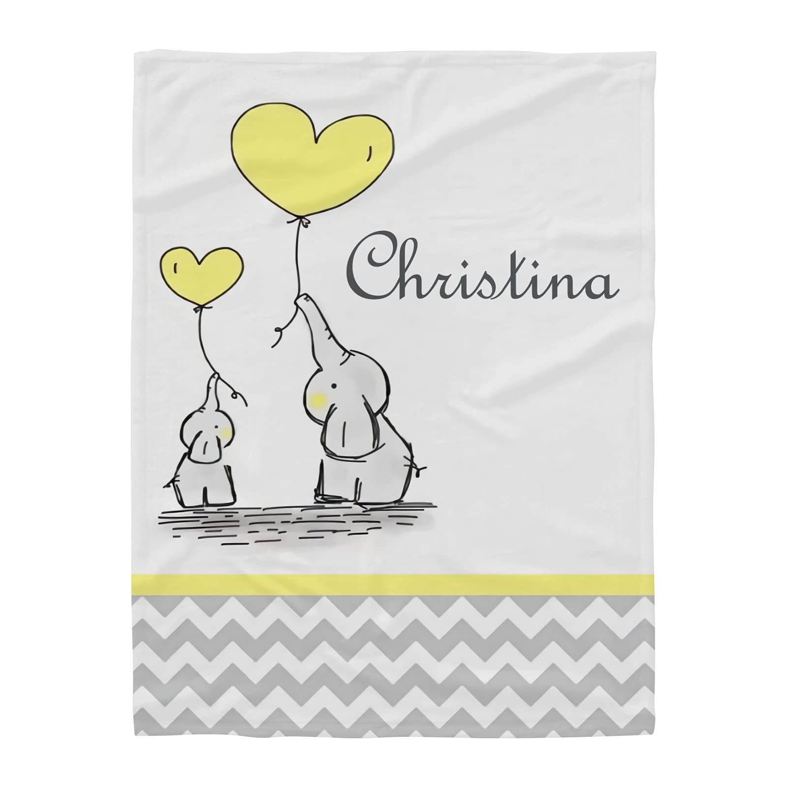 Custom Name Yellow Heart Elephant Chevron Fleece Blanket - Super Soft 60x80 Inch Personalized Throw for Couch, Sofa & Bed - Perfect for Gifts, Nursery Decor and Cozy Home Use