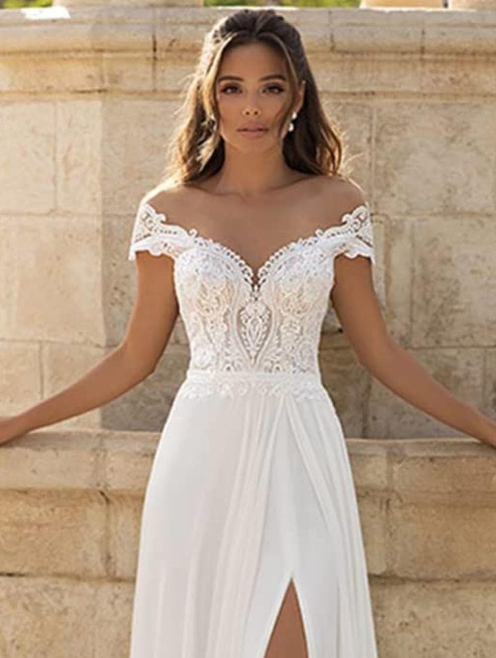 Elegant Illusion Off-Shoulder Wedding Dress with Lace Applique & Chiffon Train - Romantic A-Line Bridal Gown with Thigh Slit for Beach, Church & Garden Ceremonies