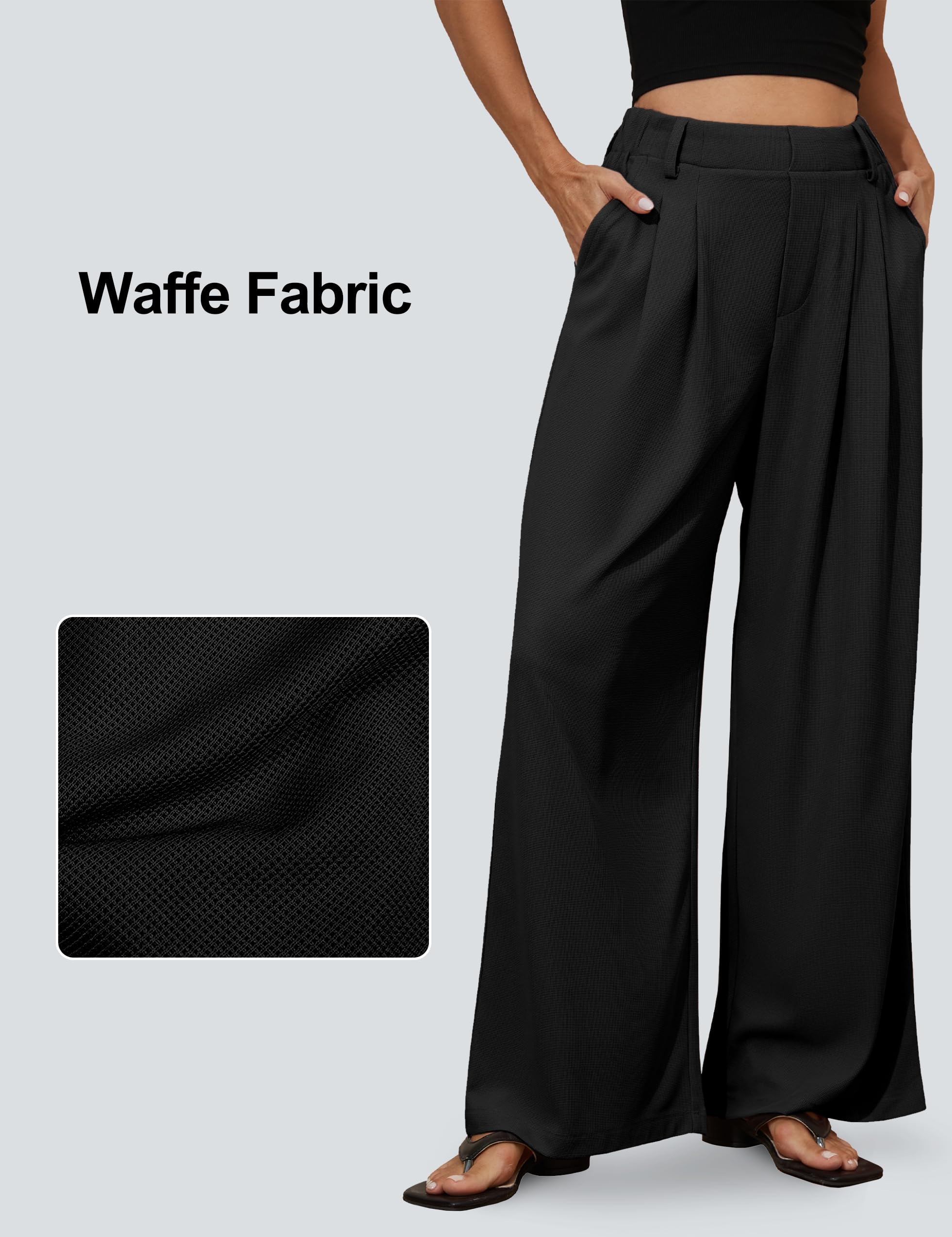 PrettyGuide Women's Wide Leg Dress Pants - Elastic High Waist Waffle Knit Work Pants, Casual Palazzo Trousers with Pockets - Perfect for Office, Business Travel & Everyday Wear