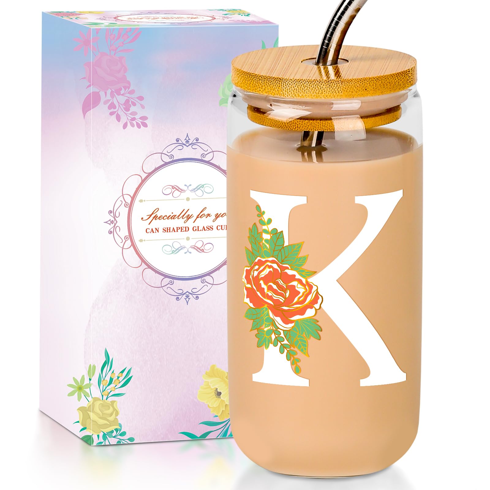 Personalized 16oz Color Changing Glass Tumbler with Lid & Straw - Monogrammed Gift for Women, Mom - Perfect for Iced Coffee, Tea, Smoothies - Great for Christmas, Birthday, Thanksgiving Gifts - Home, Office & Travel Use