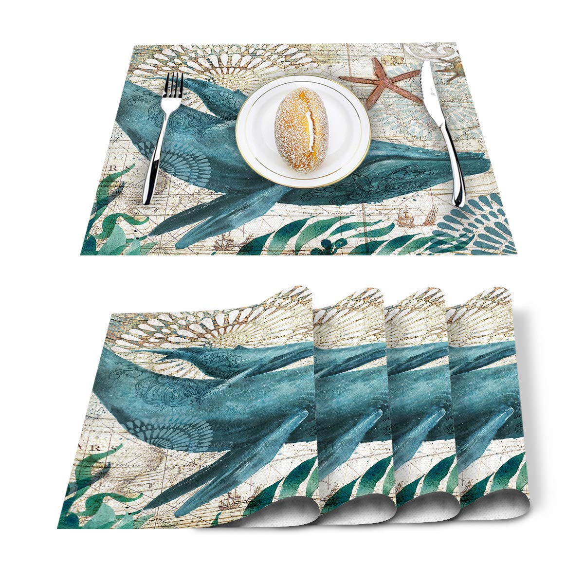 Whale Ocean Animal Nautical Themed Placemats Set of 4 - Cotton Linen Heat Resistant Non-Slip Washable Table Mats for Dining Table, Kitchen, Holiday Banquet & Home Decor | Perfect for Beach House, Coastal Theme Parties & Marine Lovers