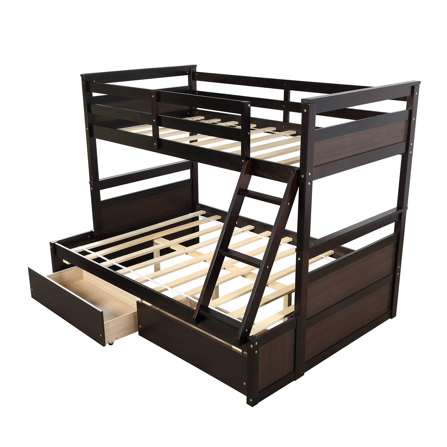 Twin Over Full Bunk Bed with Inclined Ladder & Safety Guardrail - Solid Wood Frame with 2 Storage Drawers, Converts to 2 Separate Beds - Ideal for Kids' Bedroom, Guest Room & Small Spaces (Espresso Finish)