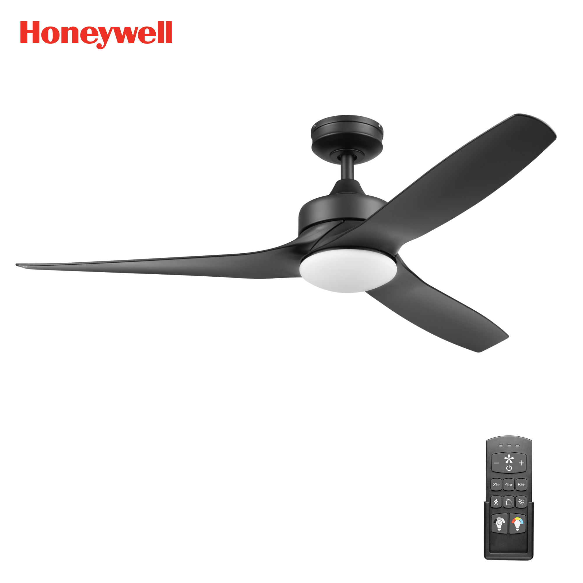 52 Inch Honeywell Lynton Matte Black Ceiling Fan with Light Kit & Remote Control - Quiet Reversible Motor for Bedroom, Living Room, and Outdoor Covered Patio