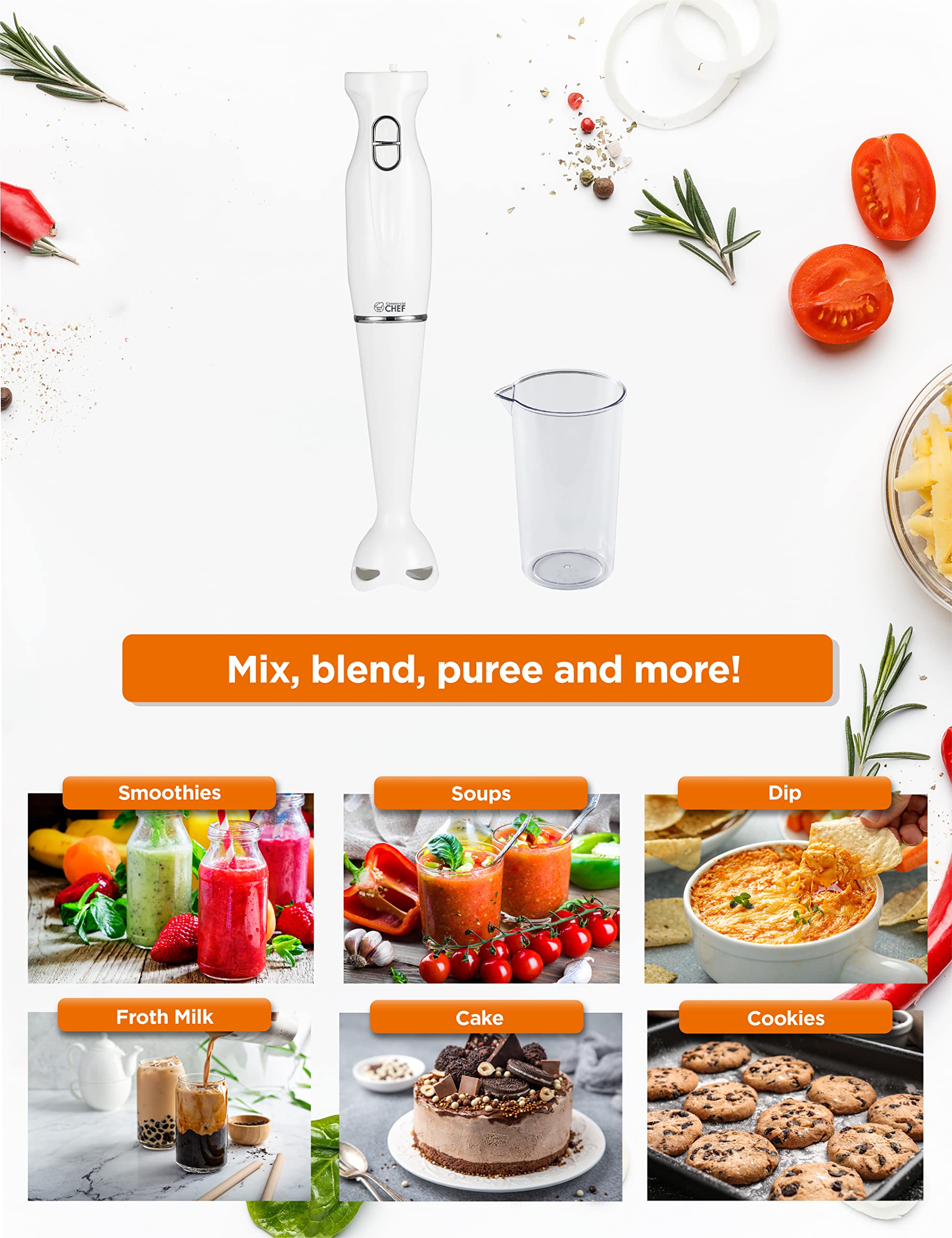 Commercial Chef Immersion Blender - 500W Stainless Steel Hand Blender with Quiet Motor | Powerful Mini Blender for Smoothies, Soups, Sauces & Baby Food | Perfect for Kitchen, Restaurant & Home Cooking