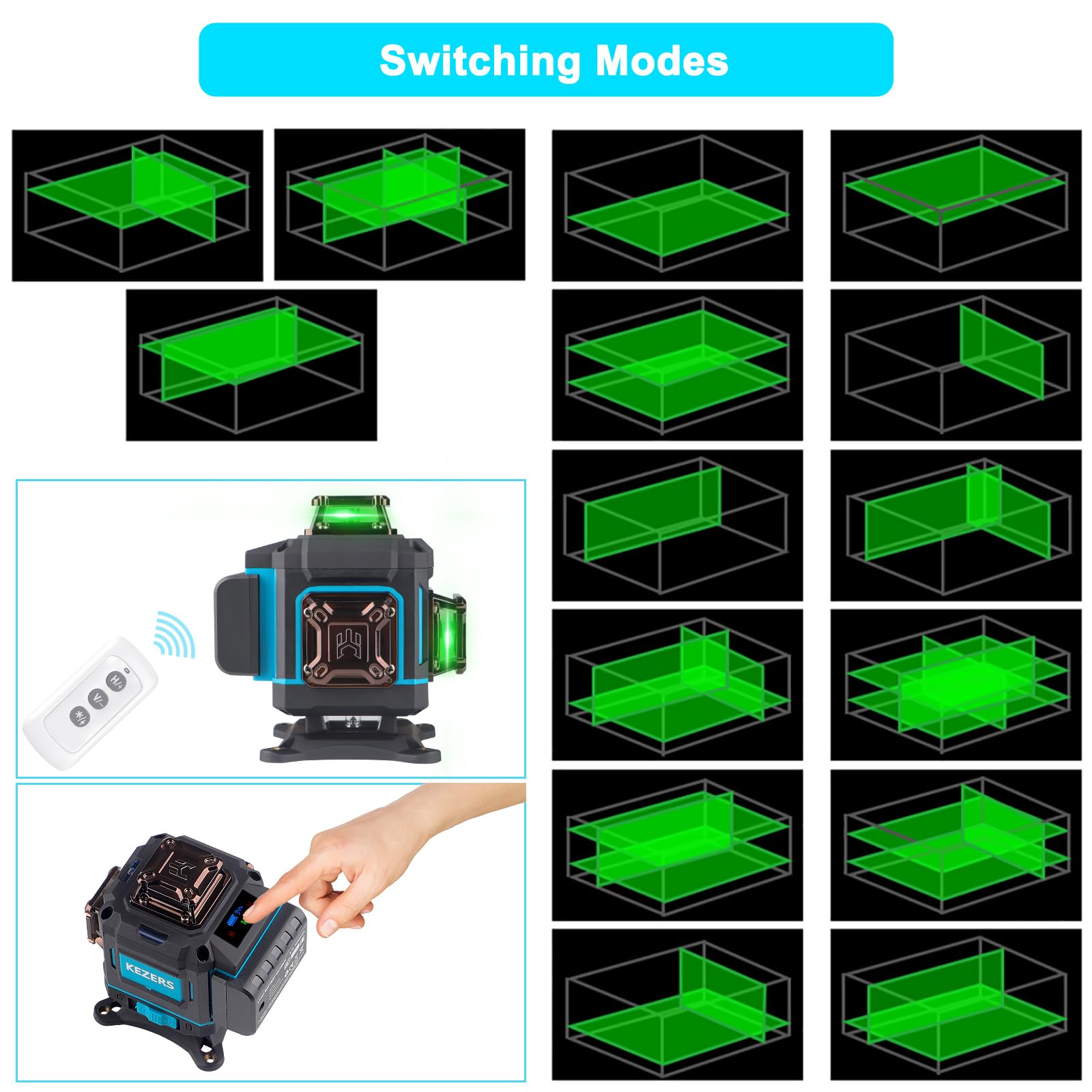 KEZERS 360° Self-Leveling Green Laser Level with Screen - 4 x 360° Laser Lines, Pulse Mode & Remote Control for Construction, Picture Hanging & DIY Projects - Perfect for Home Renovation, Tile Installation & Wall Alignment