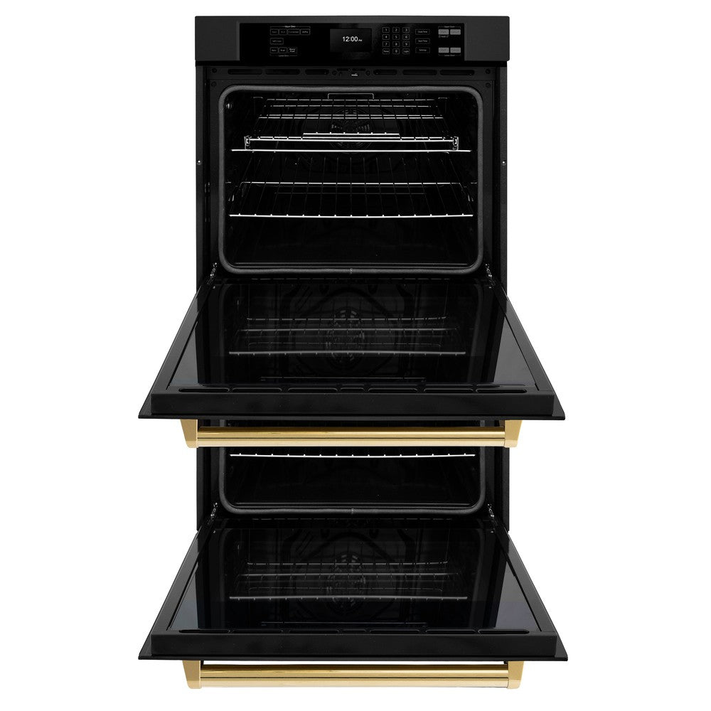 ZLINE Autograph Edition 30 Inch Black Stainless Steel Double Wall Oven with Air Fry & Self Clean - Professional True Convection Oven with Polished Gold Handles (WADBZ 30 G) - Perfect for Home Chefs & Modern Kitchens