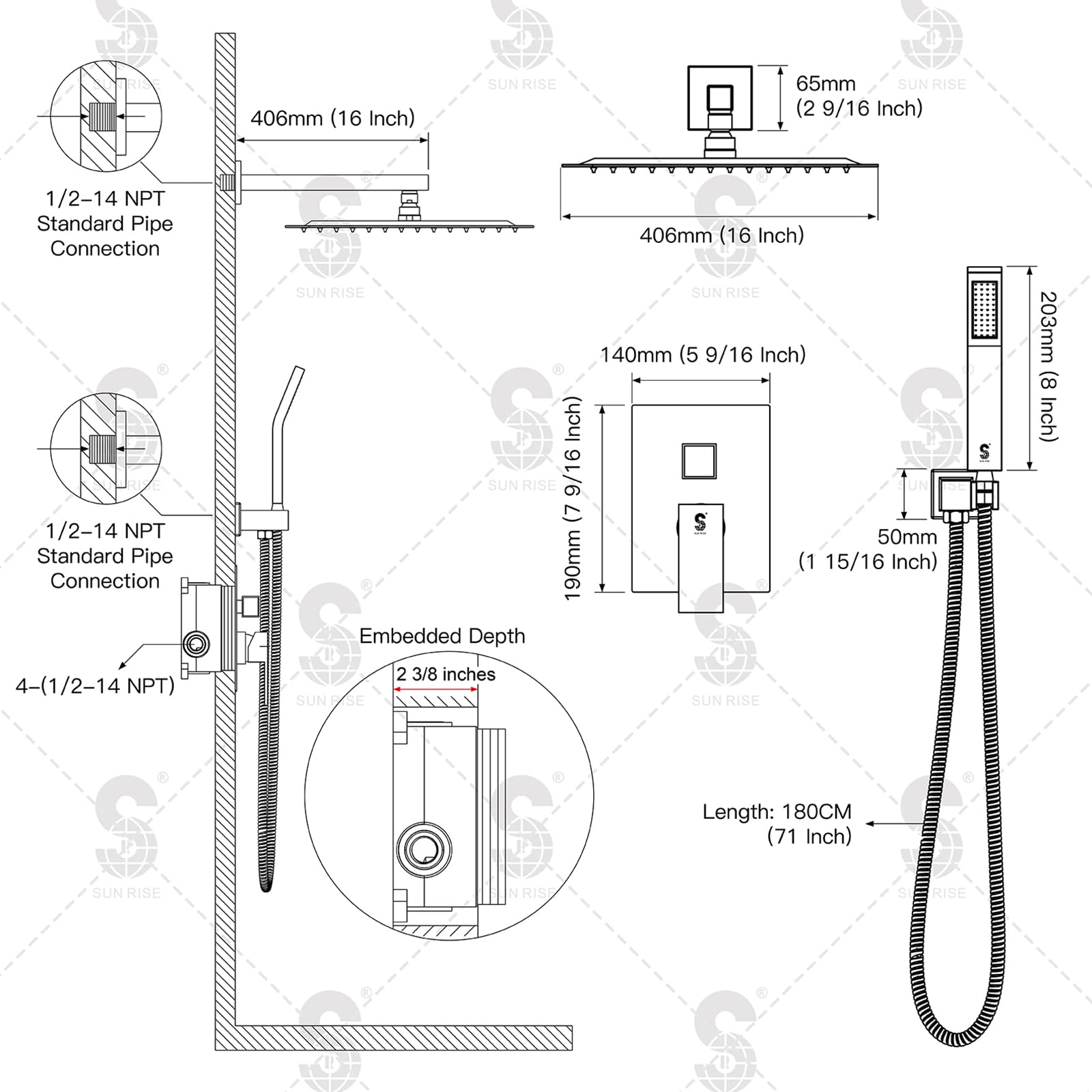 SR SUN RISE Matte Black Square Rainfall Shower Head and Handle Set - 16 Inch Wall Mounted Shower Fixtures with Metal Faucet Trim & Valve | Perfect for Bathroom Renovation & Spa-Like Shower Experience