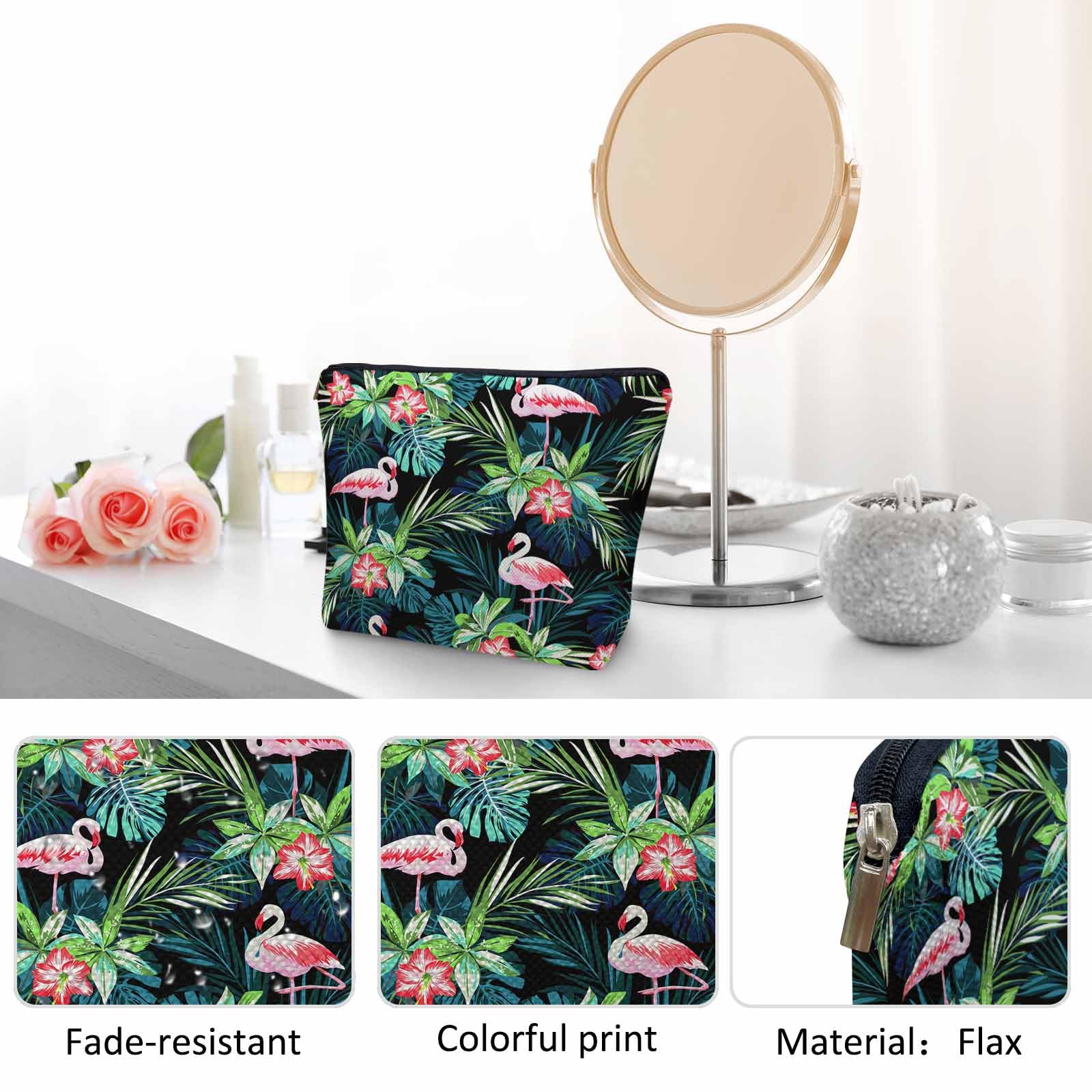 Flamingo Pink Makeup Bag for Women - Tropical Palm Leaves & Hibiscus Cosmetic Travel Organizer with Zipper, Waterproof Toiletry Pouch - Perfect for Travel, Beach Vacation & Daily Cosmetics Storage