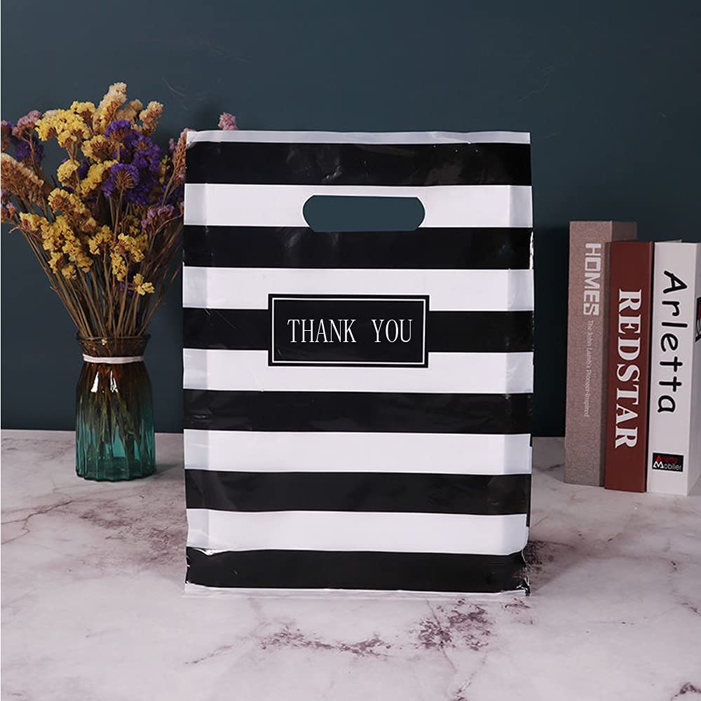 Daarcin 100pcs 12x16in Black and White Striped Plastic Shopping Bags with Handles - Reusable Retail Merchandise Bags for Boutique, Party Favors, Goodie Bags, Clothing Stores & Business Use | Perfect for Gift Packaging, Retail Shopping & Event Giveaways