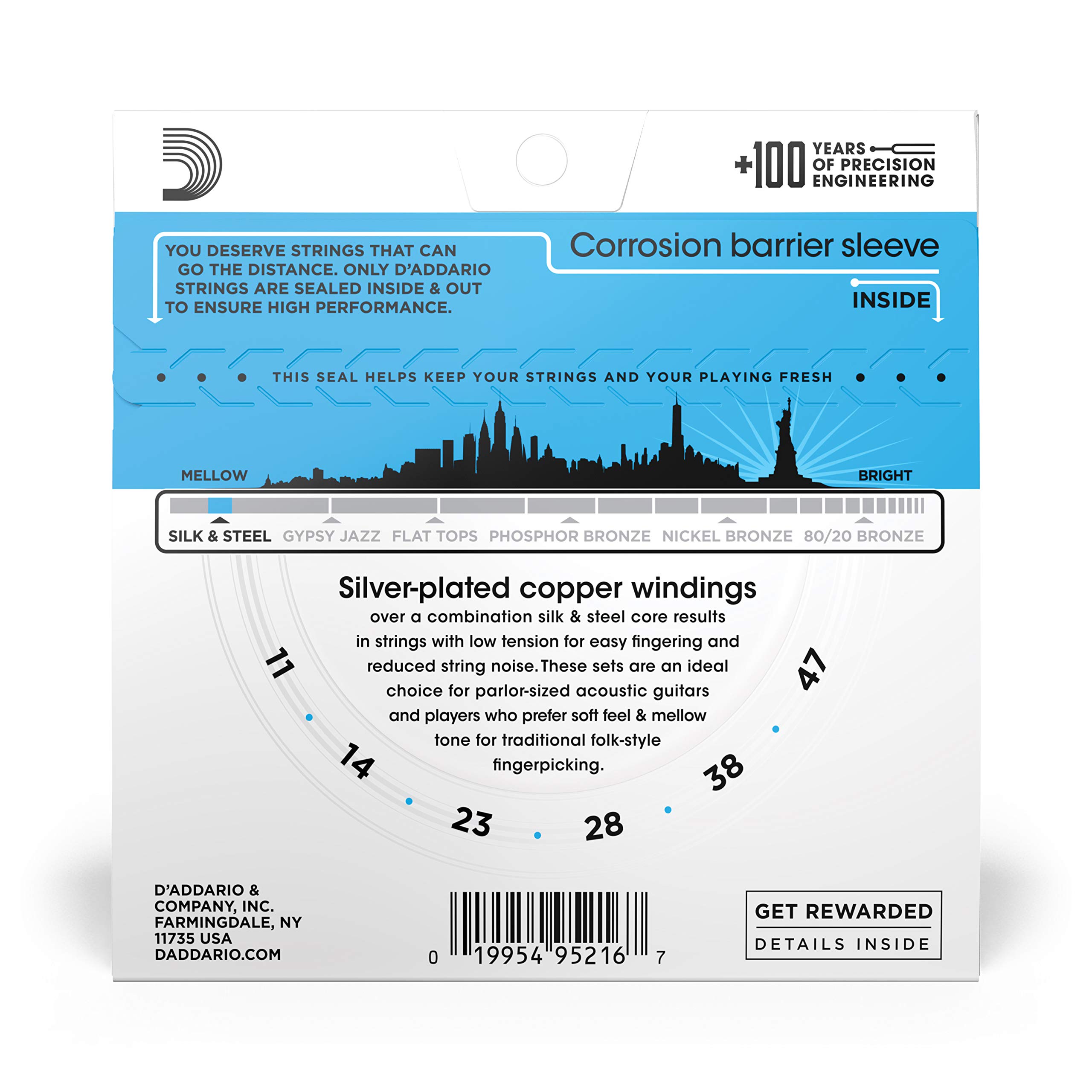 D'Addario EJ40 Silk & Steel Acoustic Guitar Strings - Light Gauge 11-47 (6-String Set) - Perfect for Folk, Blues & Fingerstyle Playing