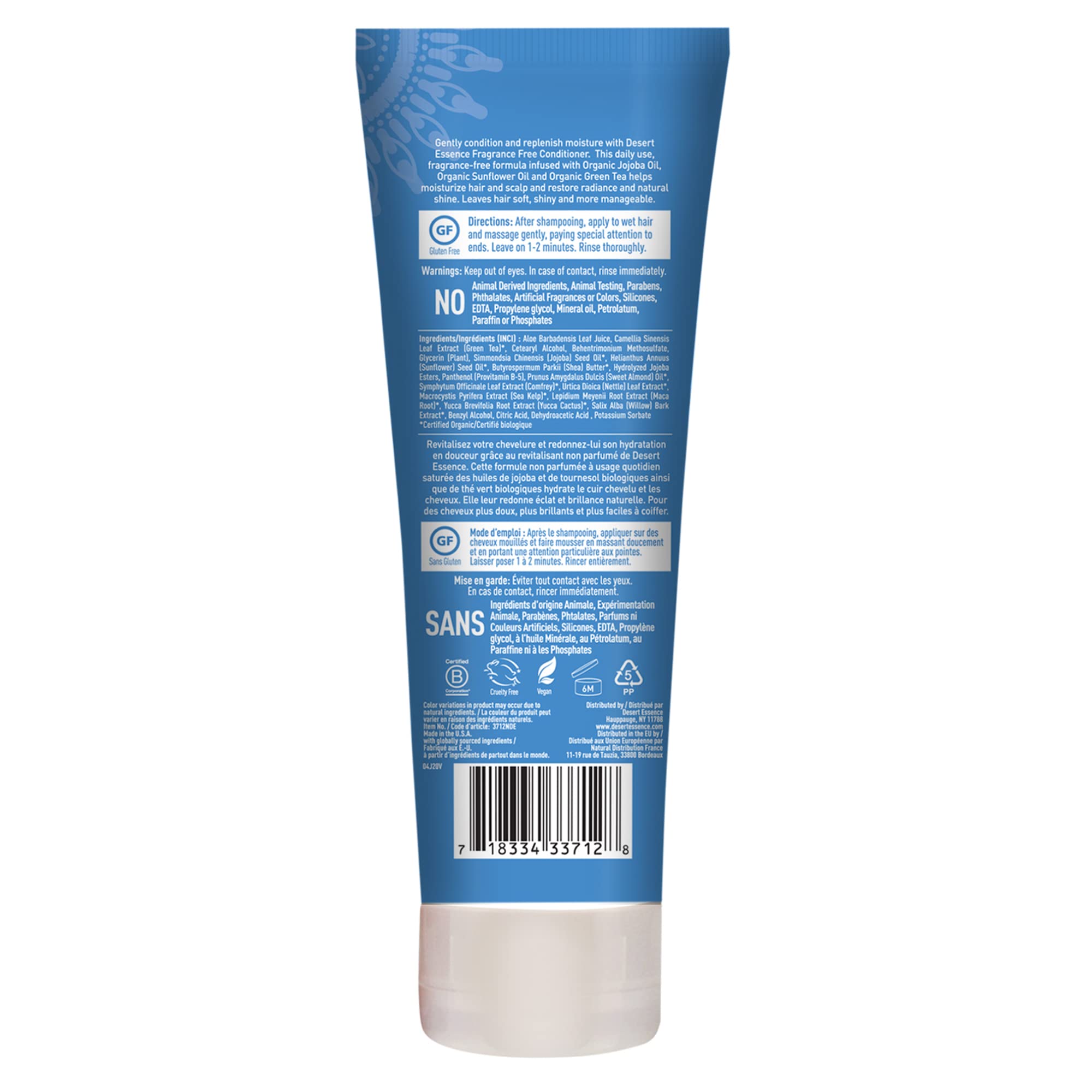 Desert Essence Fragrance Free Conditioner - Pure & Natural Hair Care - 8 Fl Oz (Pack of 2) - Gloss, Shine, Smooth & Soften Hair - No Oil Residue - Enriched with Antioxidants, Green Tea, Jojoba Oil & Vitamin B5 - Perfect for Daily Hair Hydration & Repair - Ideal for Sensitive Scalp & All Hair Types
