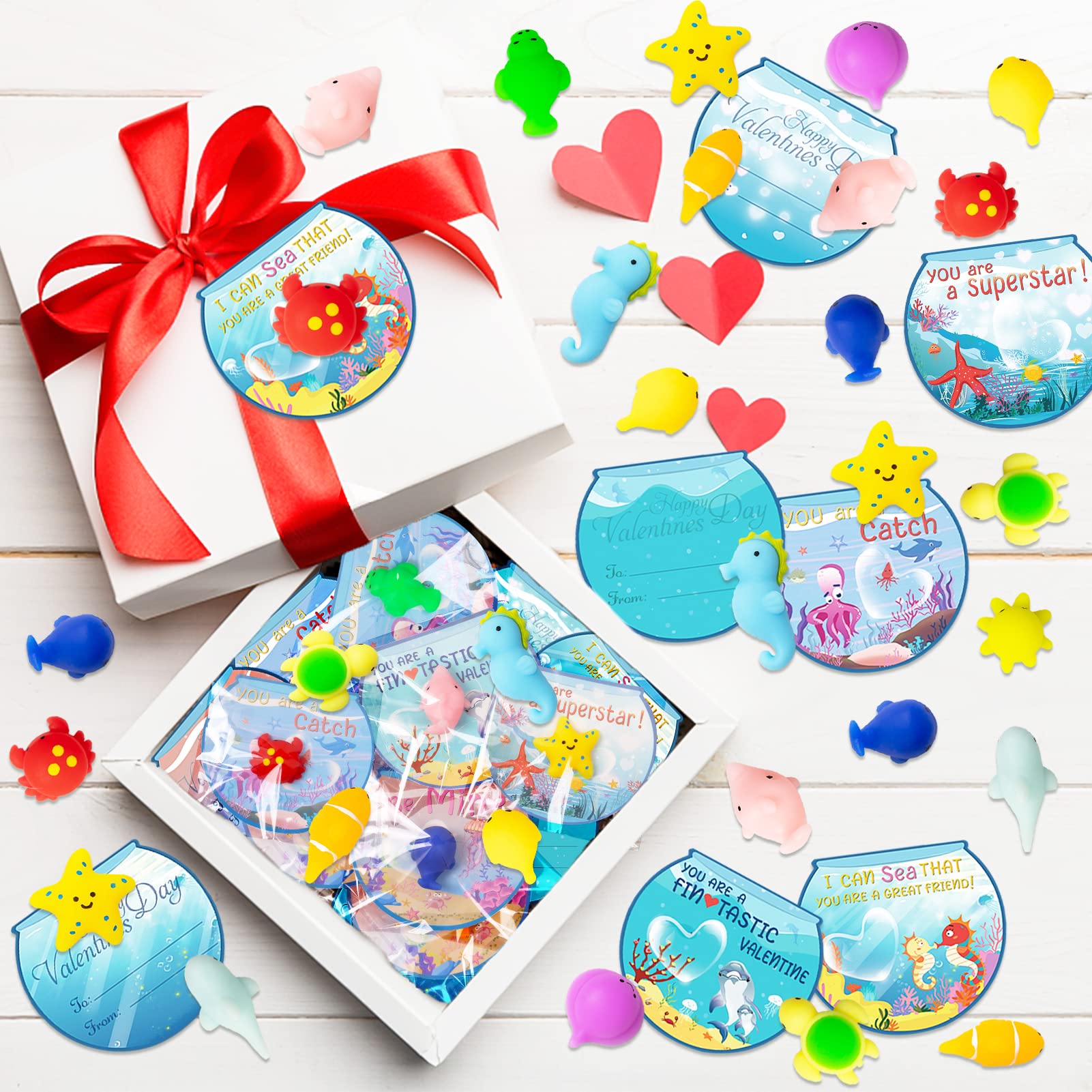 Valentine's Day Cards Gift Set with 36Pcs Sea Animal Mochi Squishy Toys for Kids - Classroom Exchange, Party Favors, School Activities & Toddler Valentine Gifts