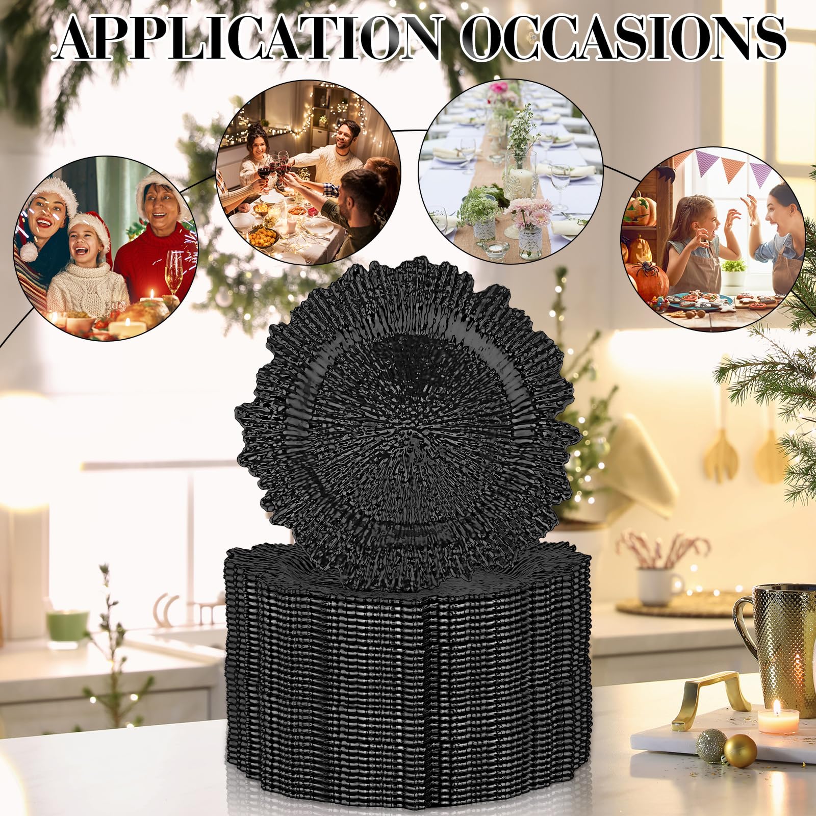 32 Pack Black Plastic Charger Plates Set - 13 Inch Floral Decorative Dinner Plates for Wedding, Party & Table Setting - Elegant Serving Trays for Reef Themed Events & Home Decor