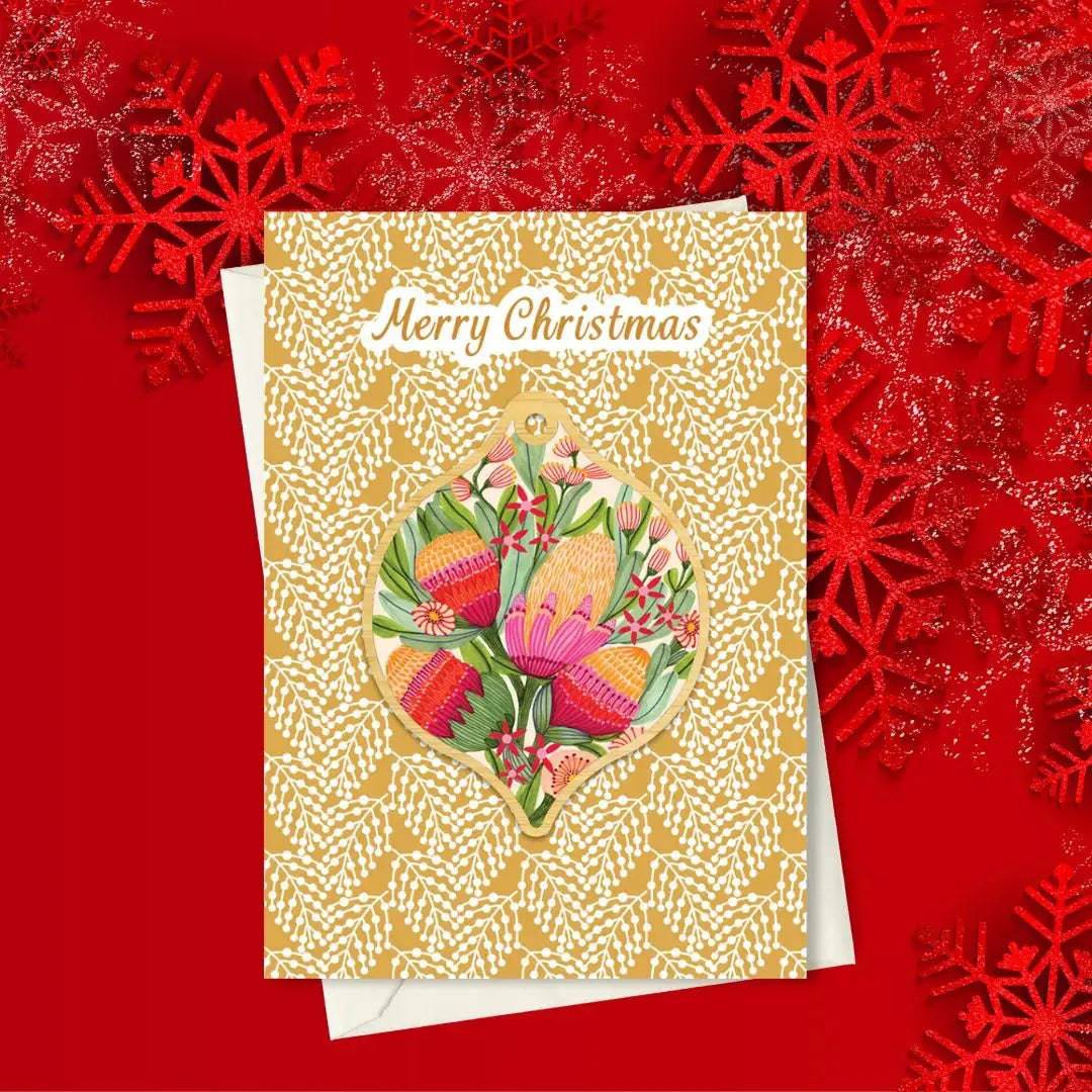 Premium Protea & Gum Flowers Australian Christmas Card & Bauble Set - Perfect for Holiday Greetings, Tree Decorations & Festive Gift Giving